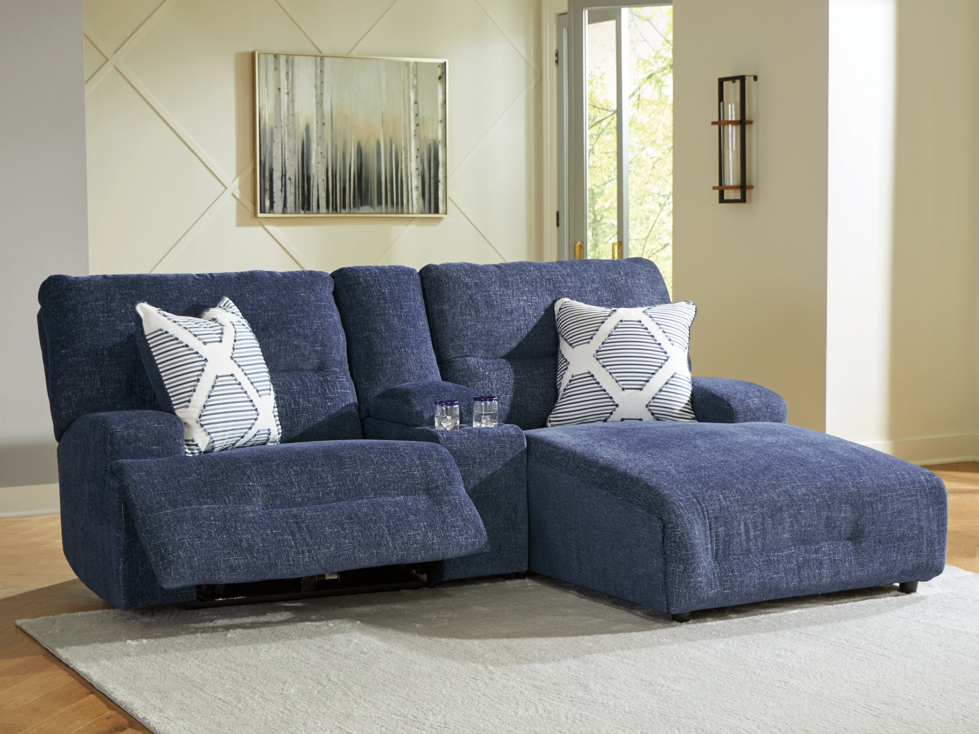 Prime Furniture - Ashley Furniture - Acklen Place Sectional - 3-Piece Power Reclining Sectional Sofa with Chaise / Navy - 93607S4
