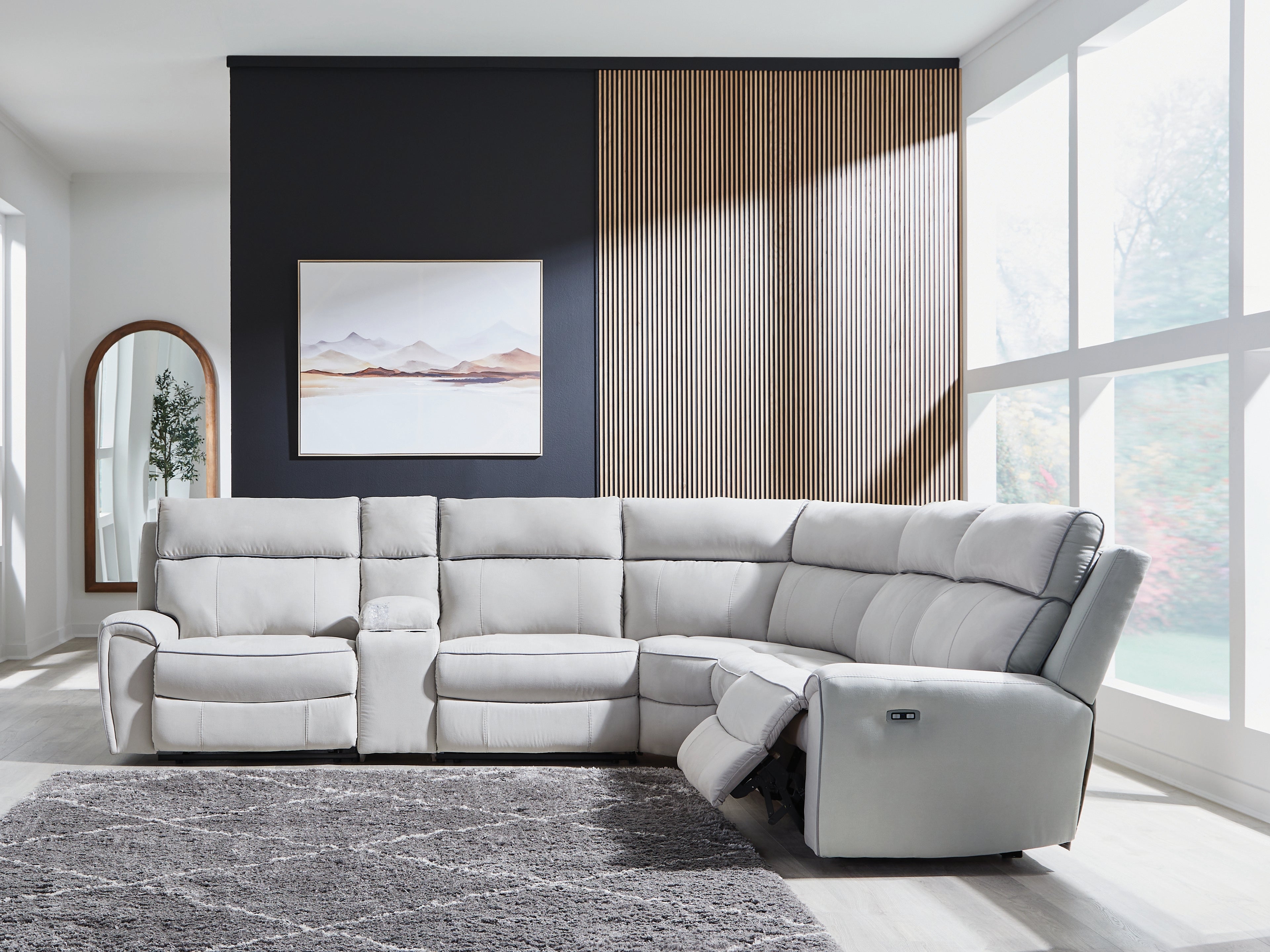Prime Furniture - Ashley Furniture - Social Pointe Sectional - 6-Piece Reclining Sectional with Storage Console / Pearl/Ash - PC98802S36
