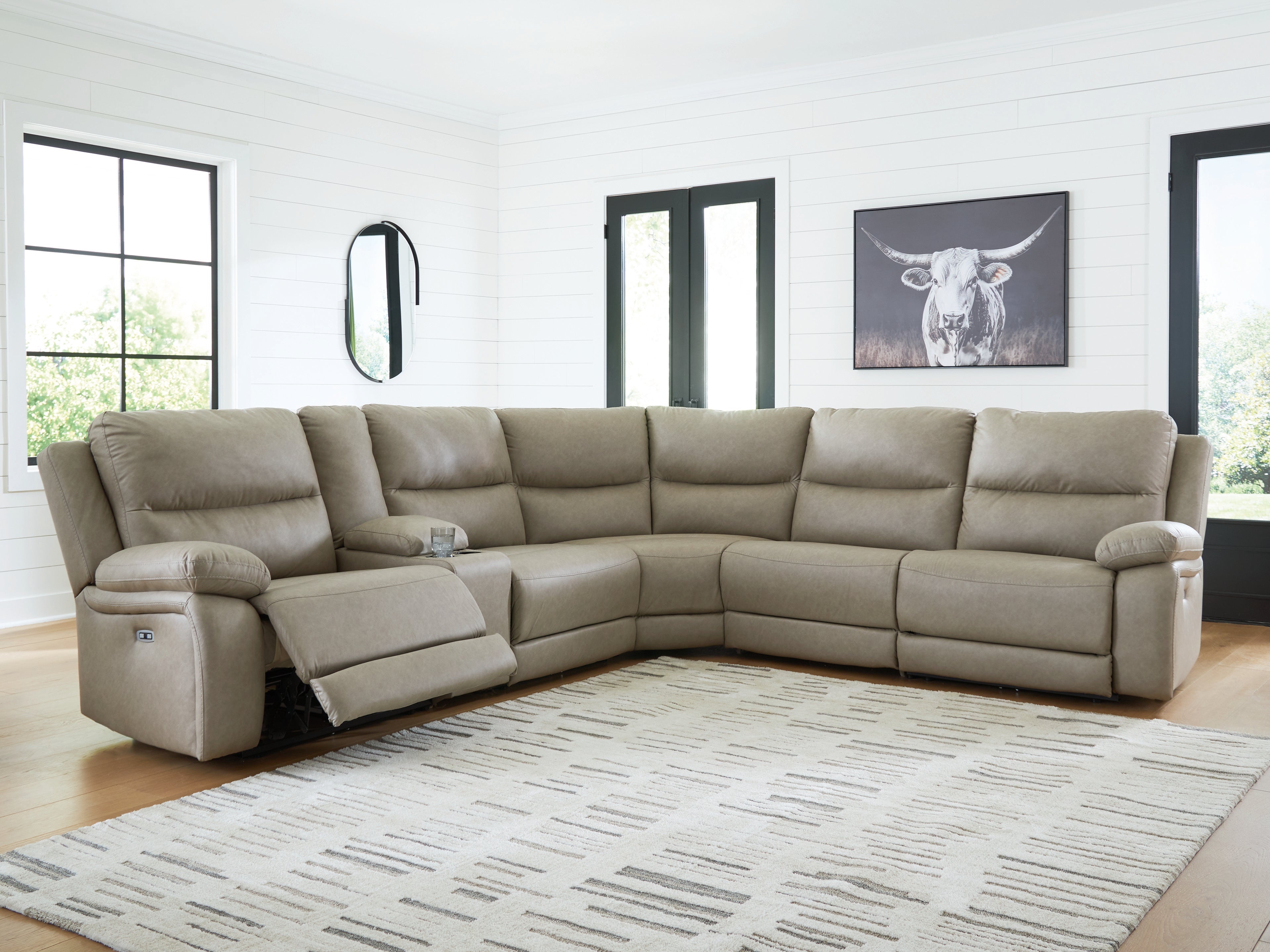 Prime Furniture - Ashley Furniture - Narwhal Place Sectional - 6-Piece Reclining Sectional with Storage Console / Pebble - PC99201S36