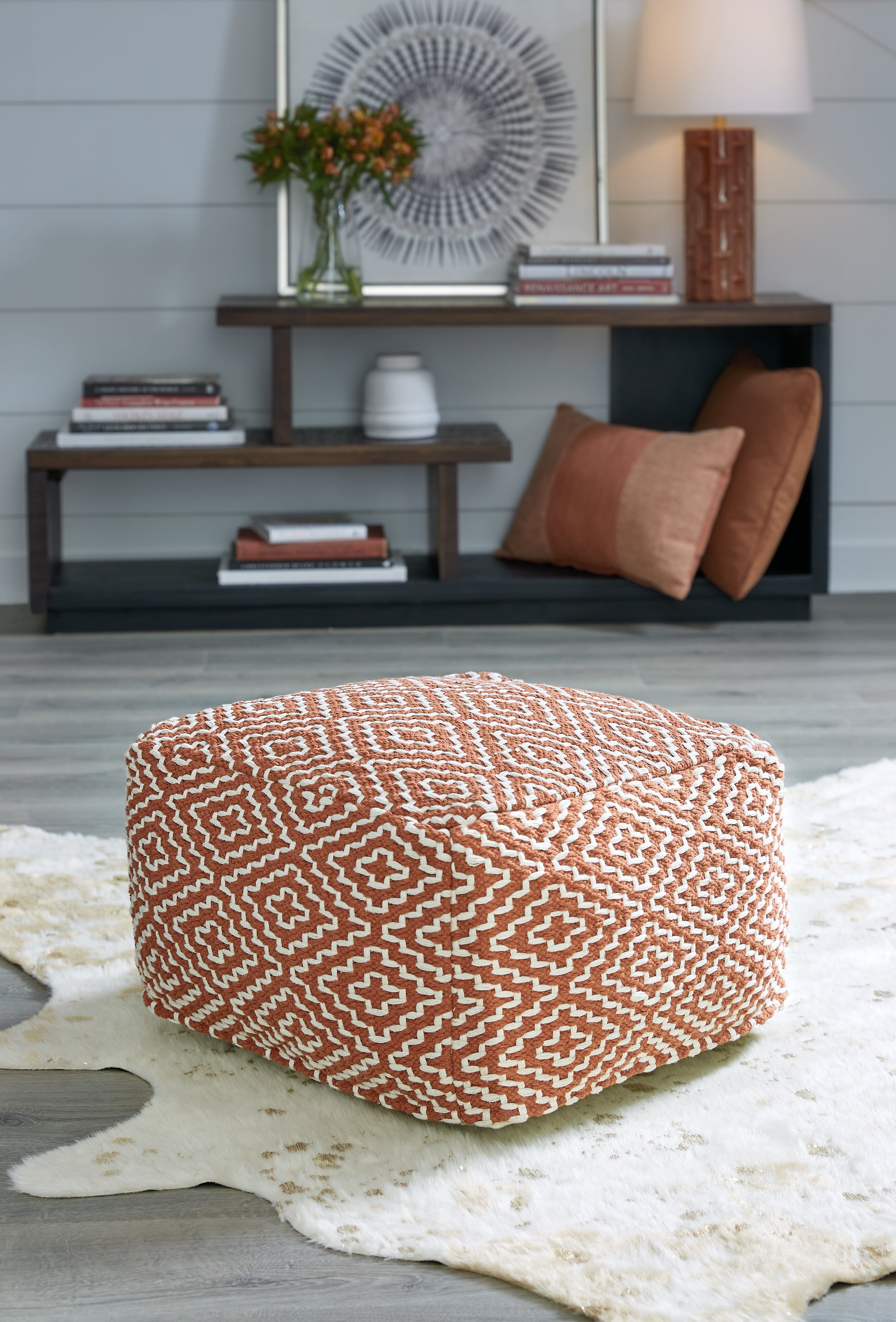 Prime Furniture - Ashley Furniture - Brynnsen Pouf - Pouf / Rust/Ivory - A1001056