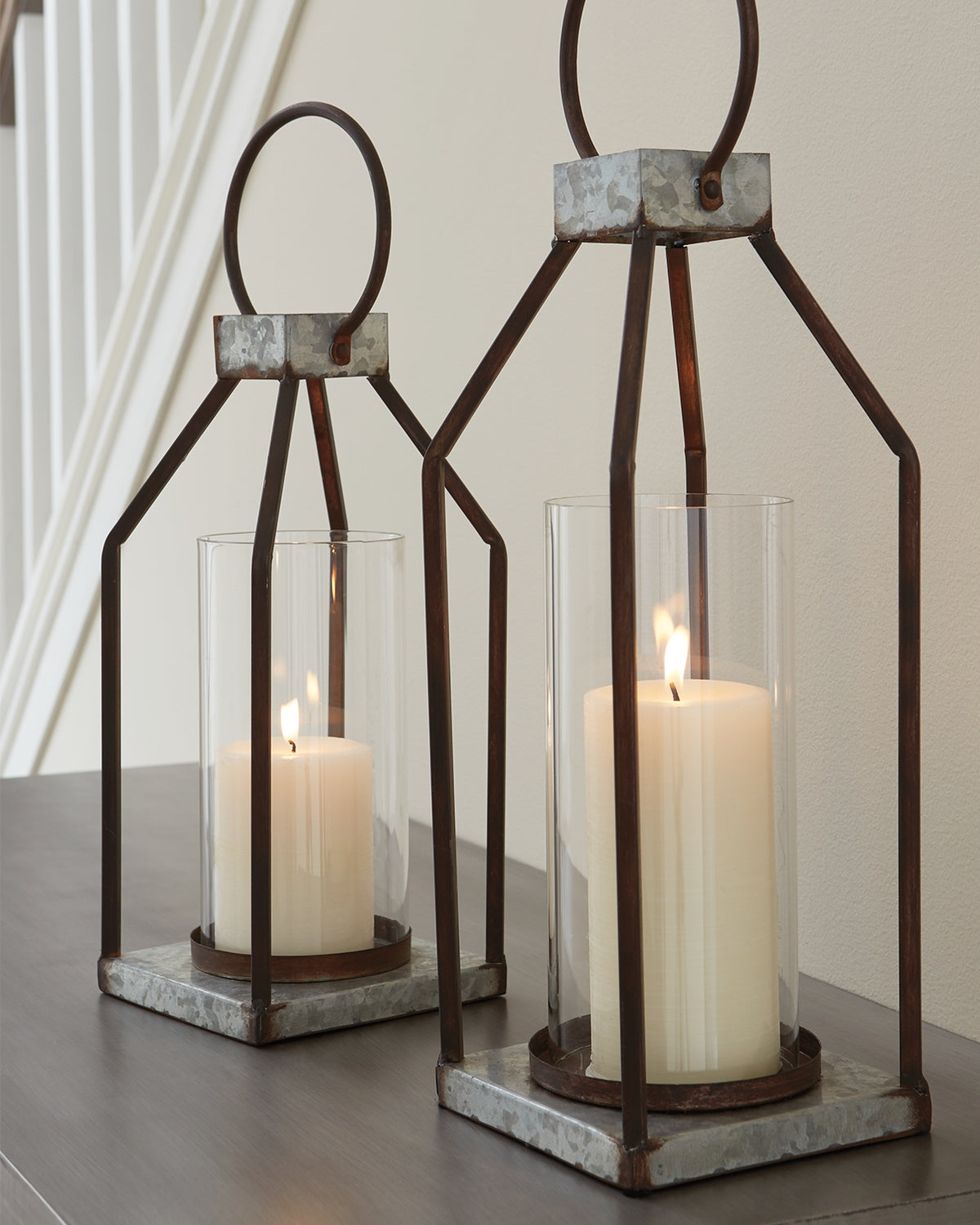 Prime Furniture - Ashley Furniture - Diedrick Candle Holder - Lantern Set (Set of 2) / Gray/Black - A2000346