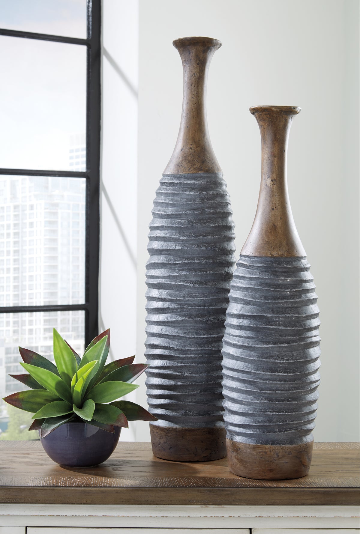 Prime Furniture - Ashley Furniture - Blayze Vase - Vase Set (Set of 2) / Antique Gray/Brown - A2000388