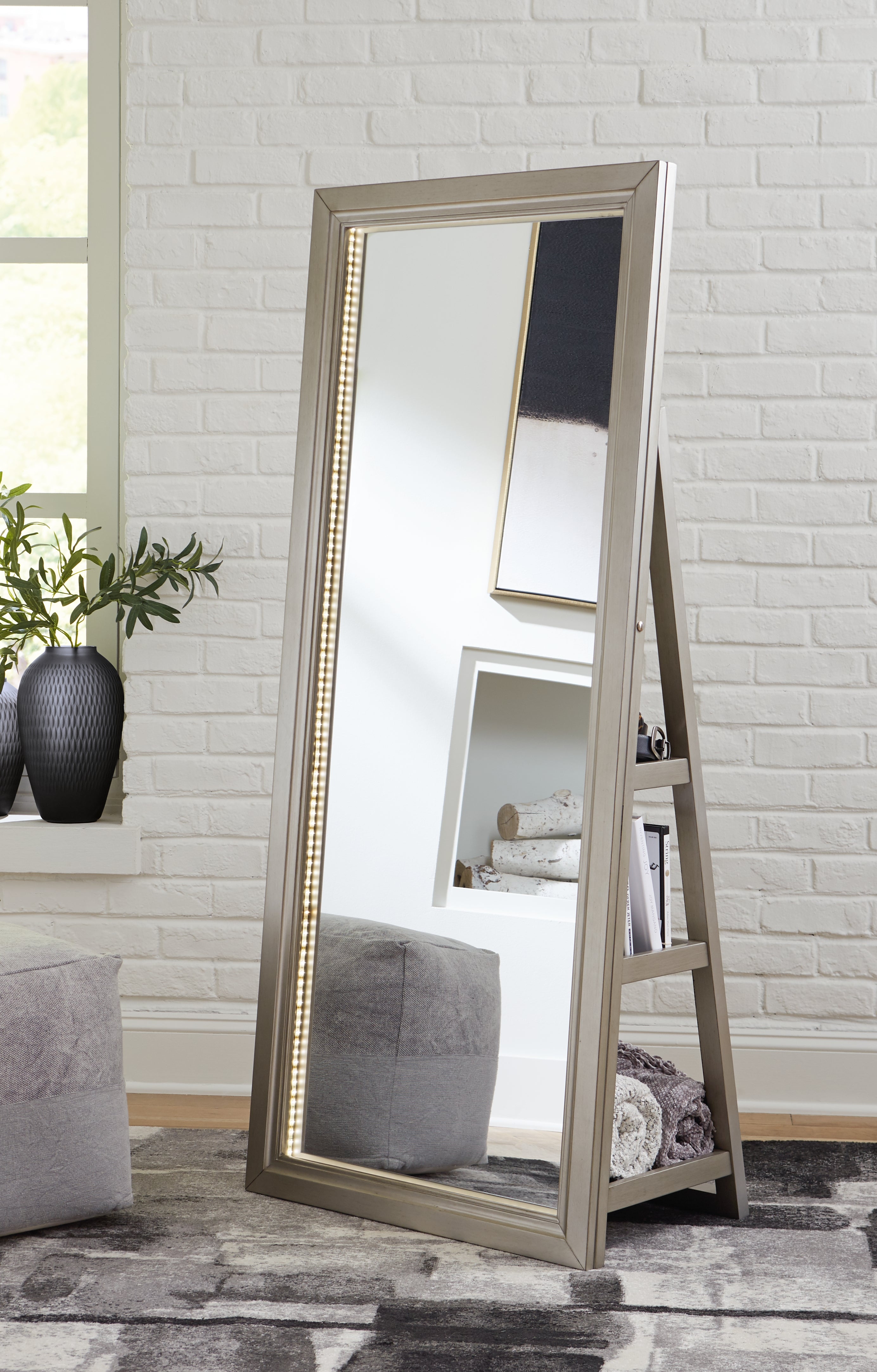 Prime Furniture - Ashley Furniture - Evesen Mirror - Floor Standing Mirror/Storage / Black - A8010384