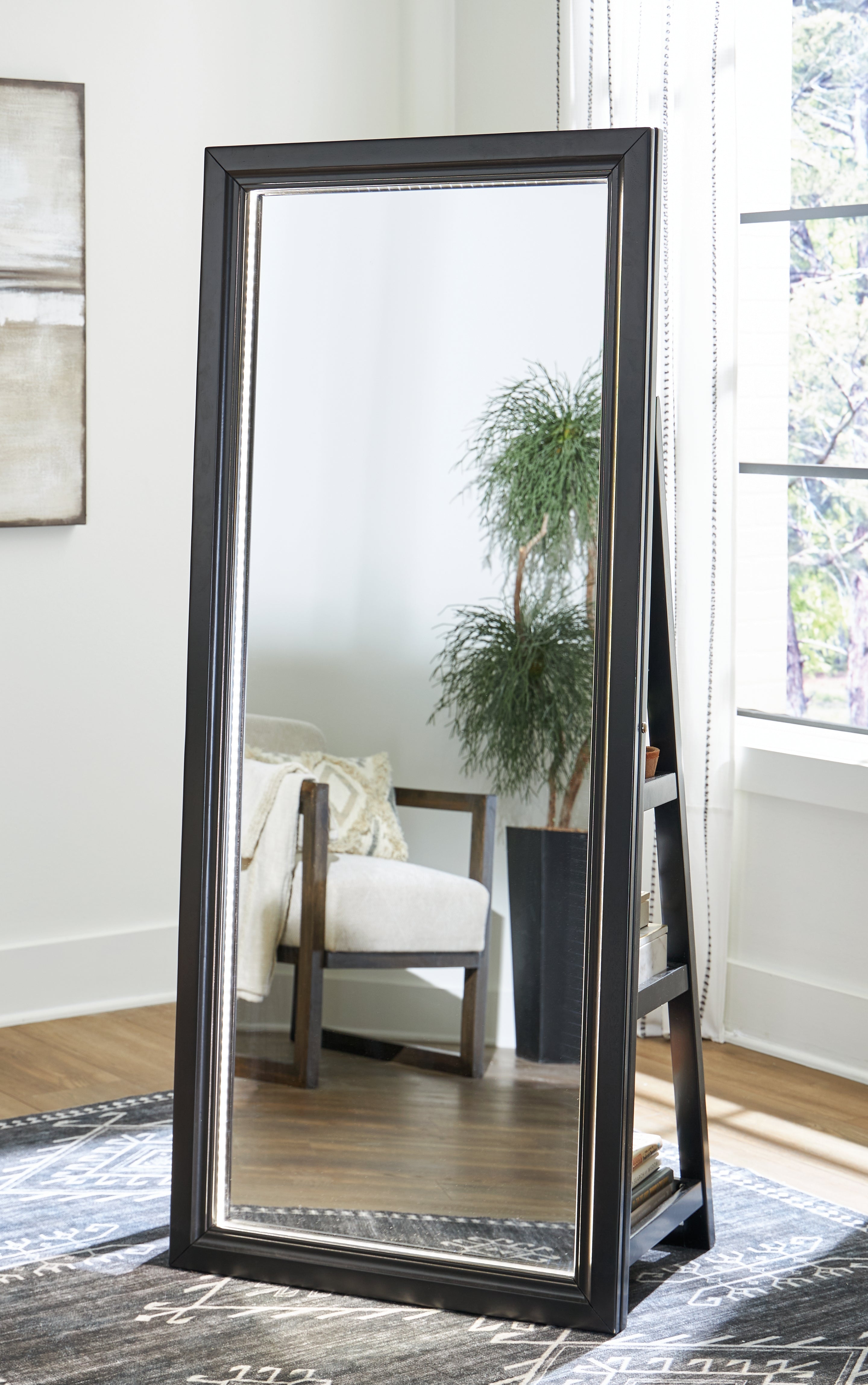 Prime Furniture - Ashley Furniture - Evesen Mirror - Floor Standing Mirror/Storage / Black - A8010384