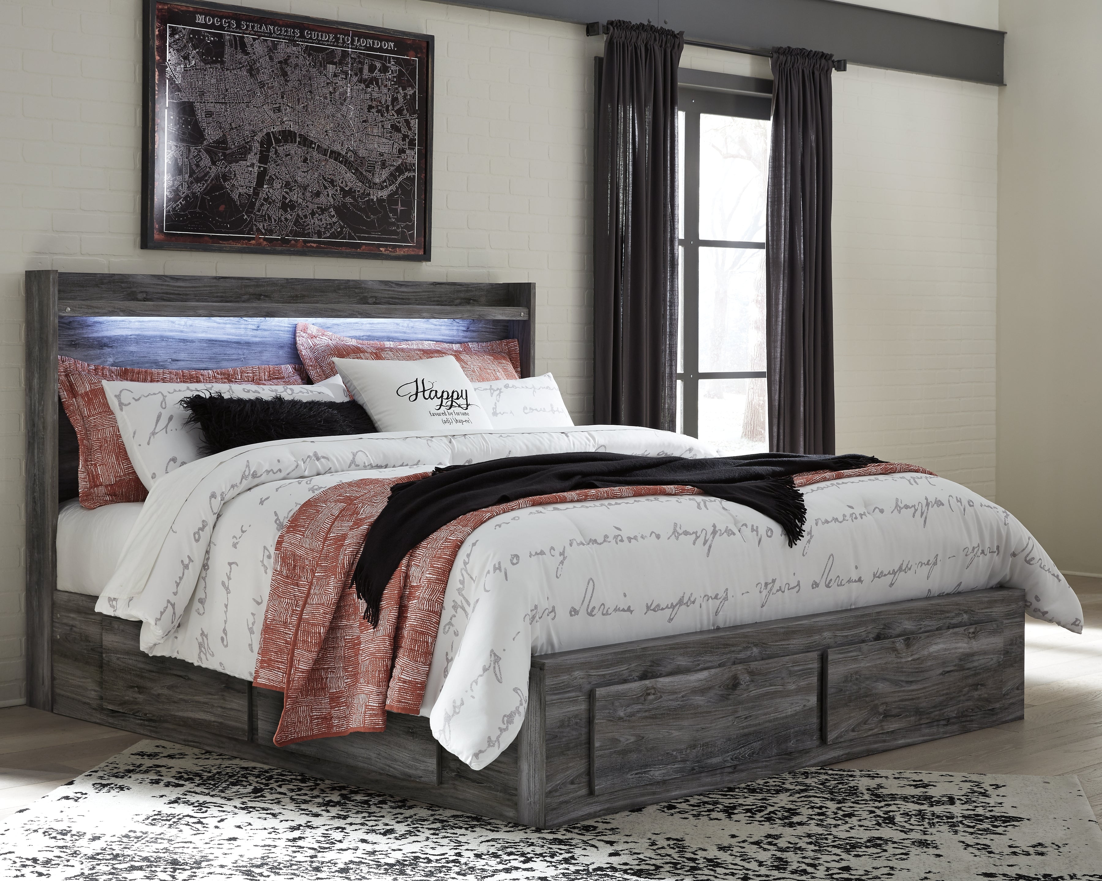 Prime Furniture - Ashley Furniture - Baystorm Bedroom - King Panel Bed with 4 Storage Drawers / Gray - B221B15