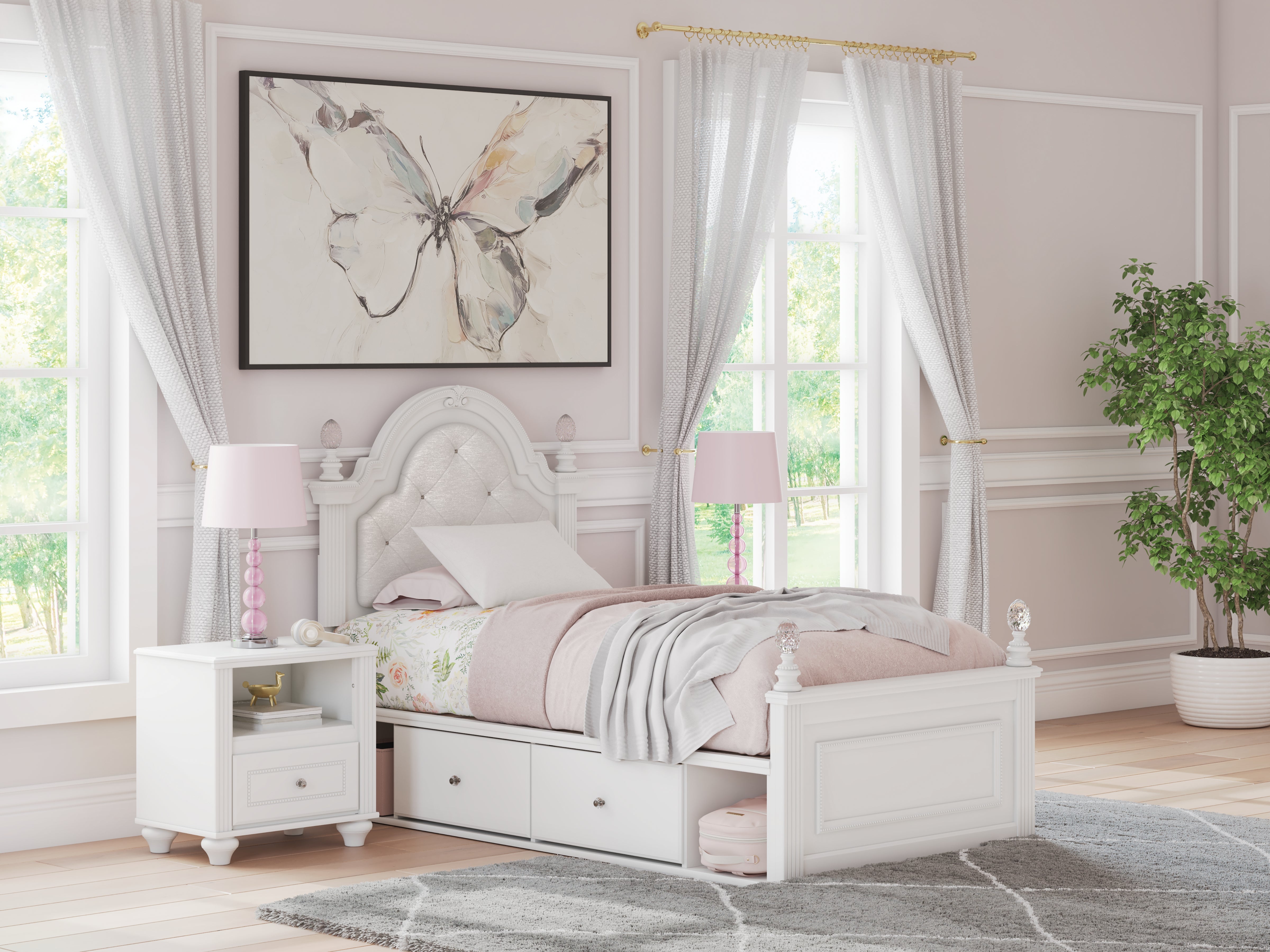 Prime Furniture - Ashley Furniture - Kozlani Bedroom - Twin Upholstered Panel Storage Bed / White - PCB1819B9