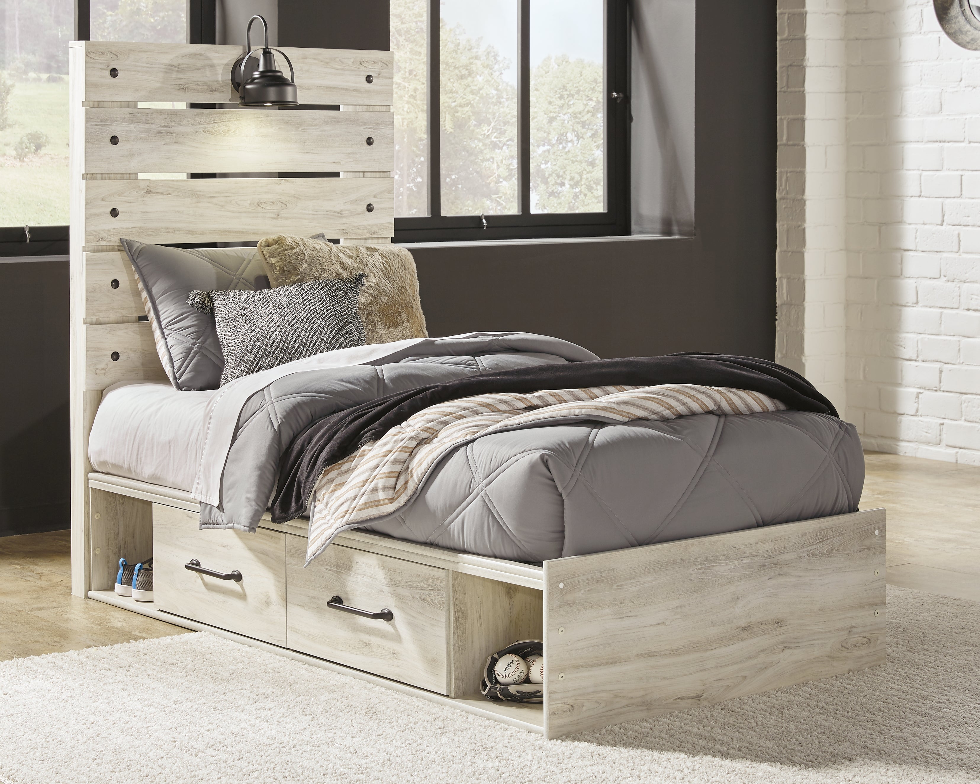 Prime Furniture - Ashley Furniture - Cambeck Bedroom - Twin Panel Bed with 2 Storage Drawers / Whitewash - B192B13