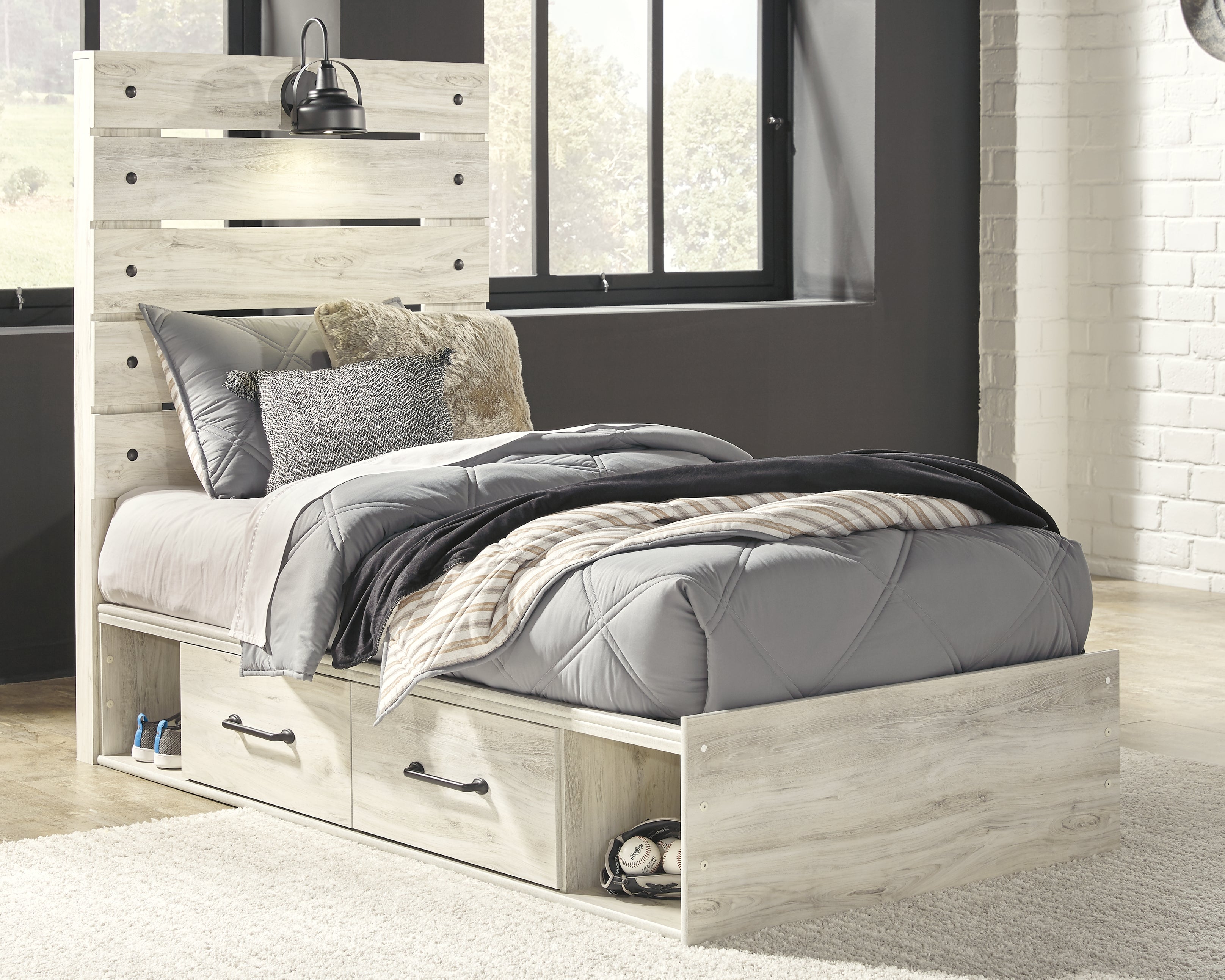 Prime Furniture - Ashley Furniture - Cambeck Bedroom - Twin Panel Bed with 4 Storage Drawers / Whitewash - B192B21