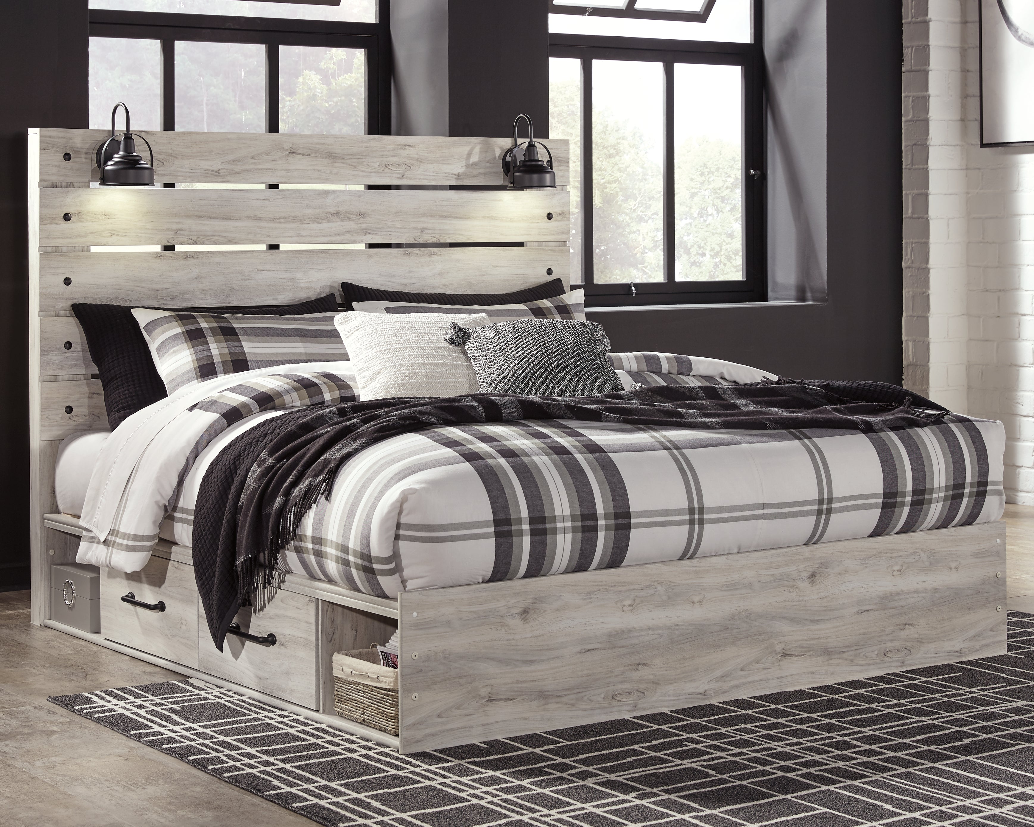 Prime Furniture - Ashley Furniture - Cambeck Bedroom - King Panel Bed with 4 Storage Drawers / Whitewash - B192B27