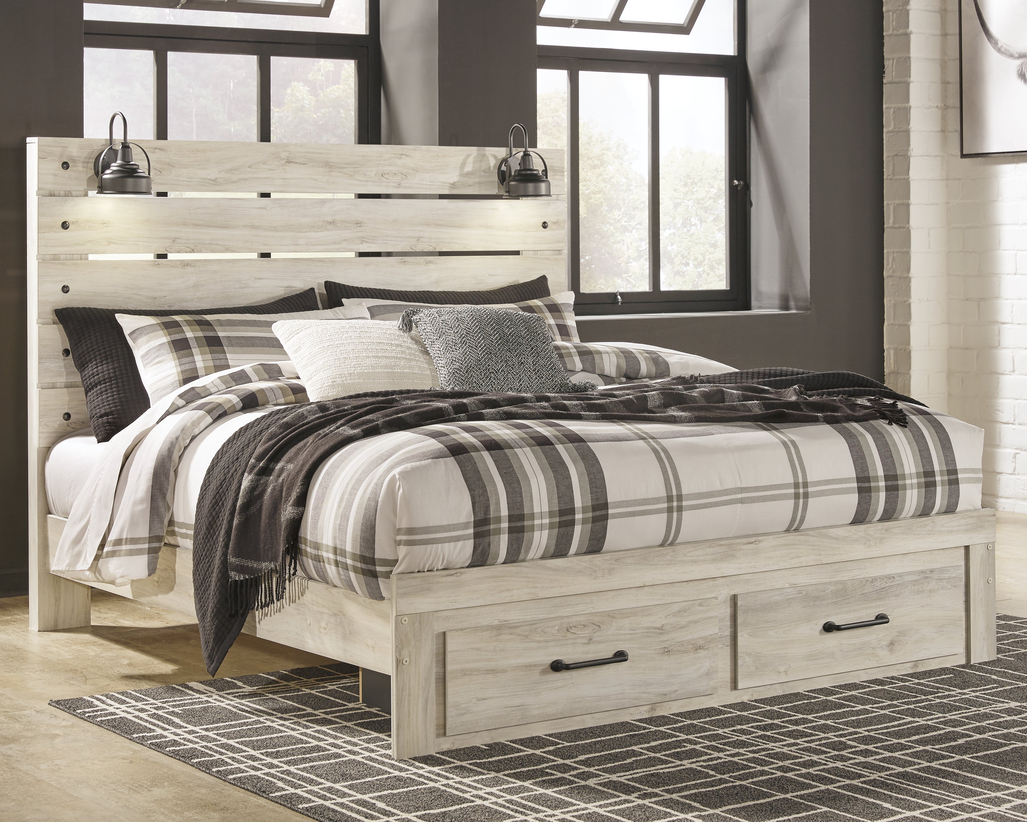 Prime Furniture - Ashley Furniture - Cambeck Bedroom - King Panel Bed with 2 Storage Drawers / Whitewash - B192B31