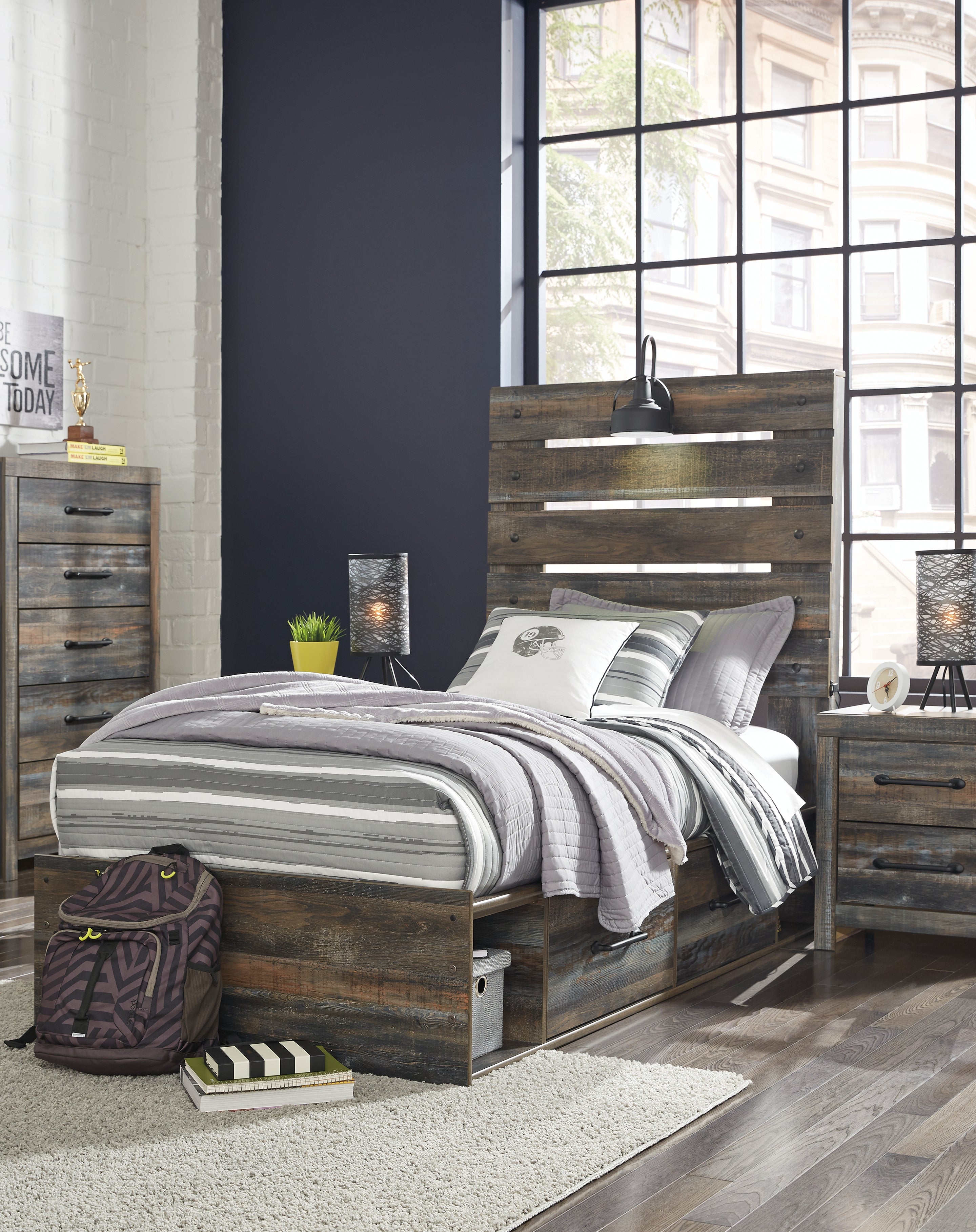 Prime Furniture - Ashley Furniture - Drystan Bedroom - Twin Panel Bed with 2 Storage Drawers / Multi - B211B8