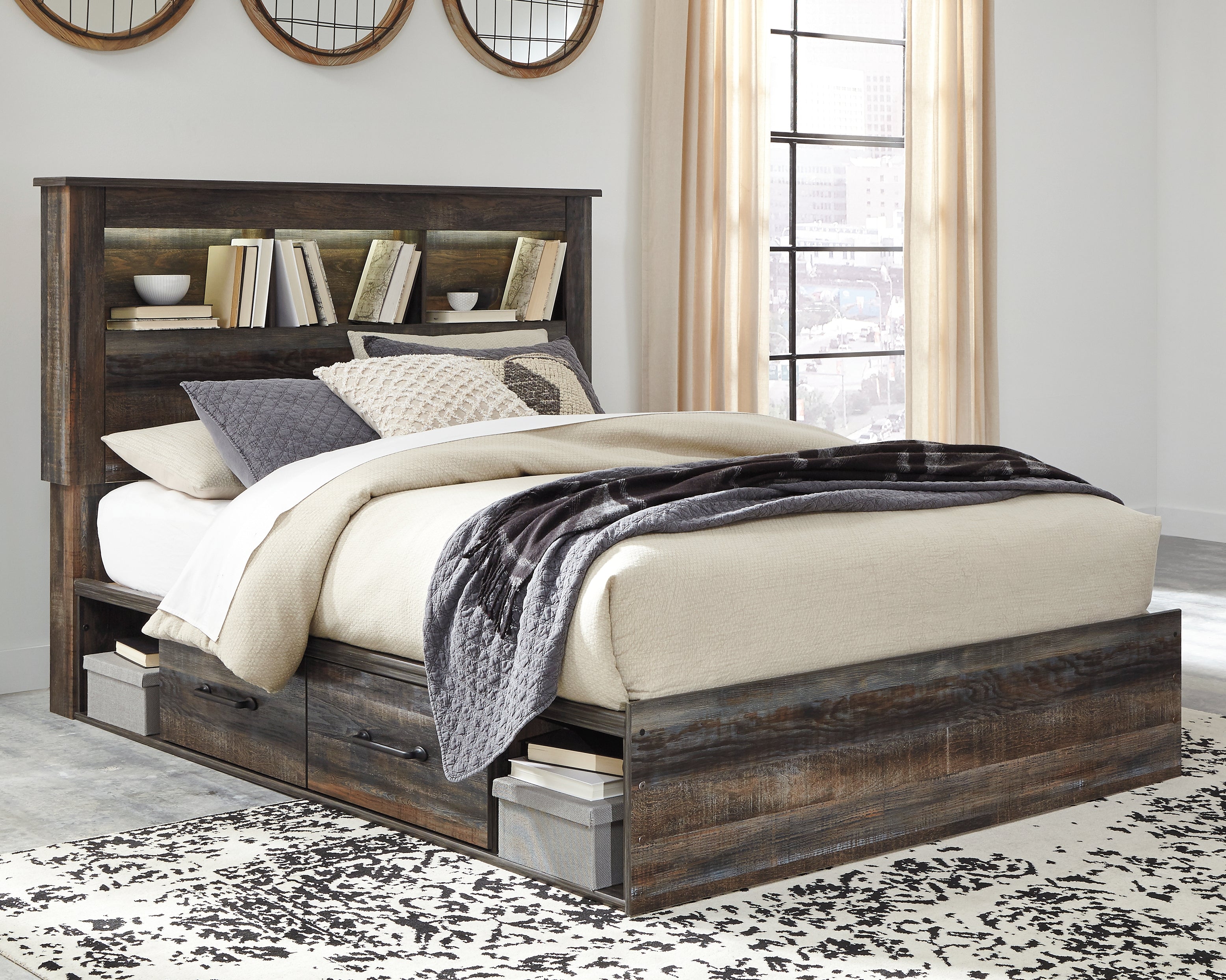 Prime Furniture - Ashley Furniture - Drystan Bedroom - Queen Bookcase Bed with 2 Storage Drawers / Multi - B211B17