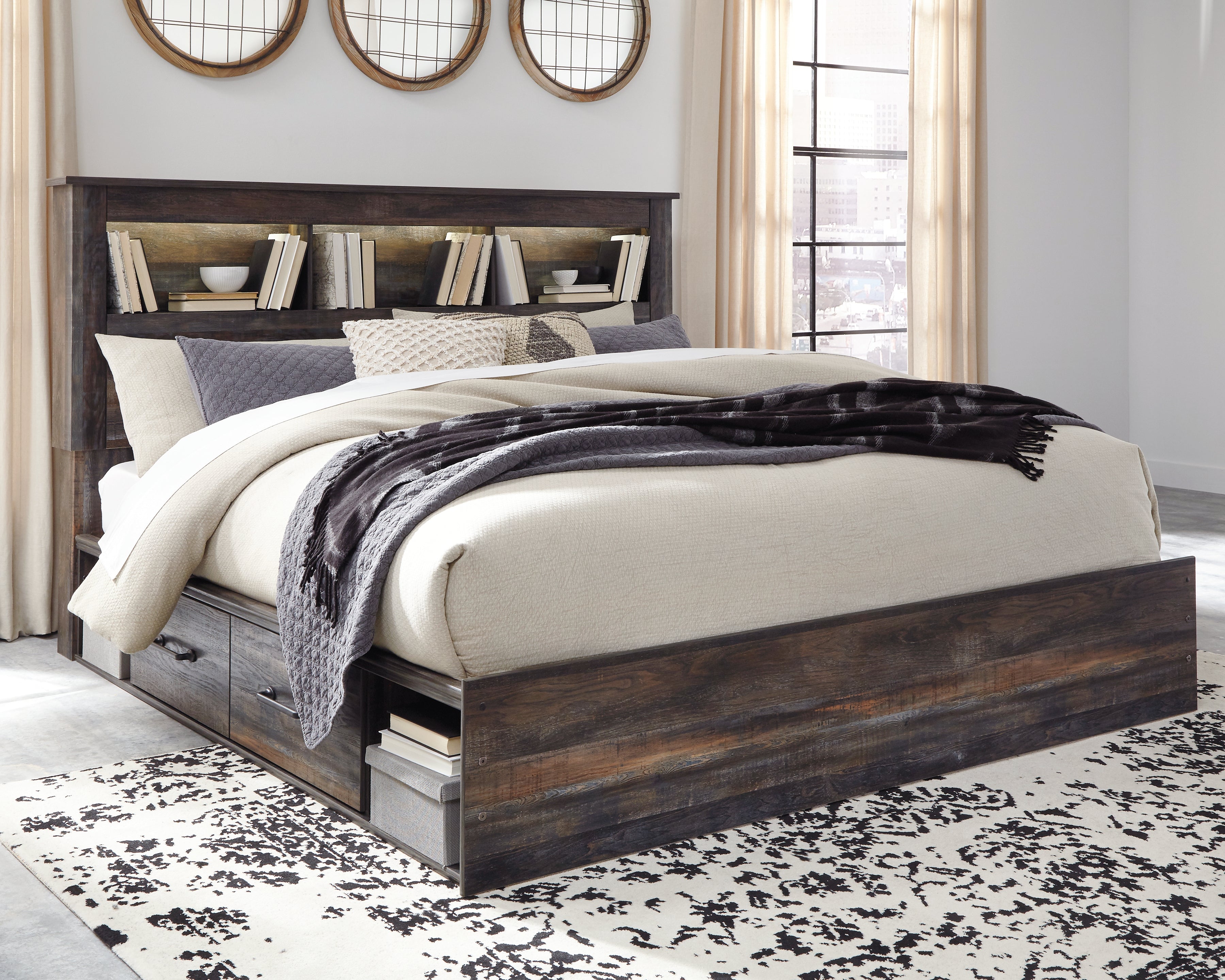 Prime Furniture - Ashley Furniture - Drystan Bedroom - King Bookcase Bed with 2 Storage Drawers / Multi - B211B51