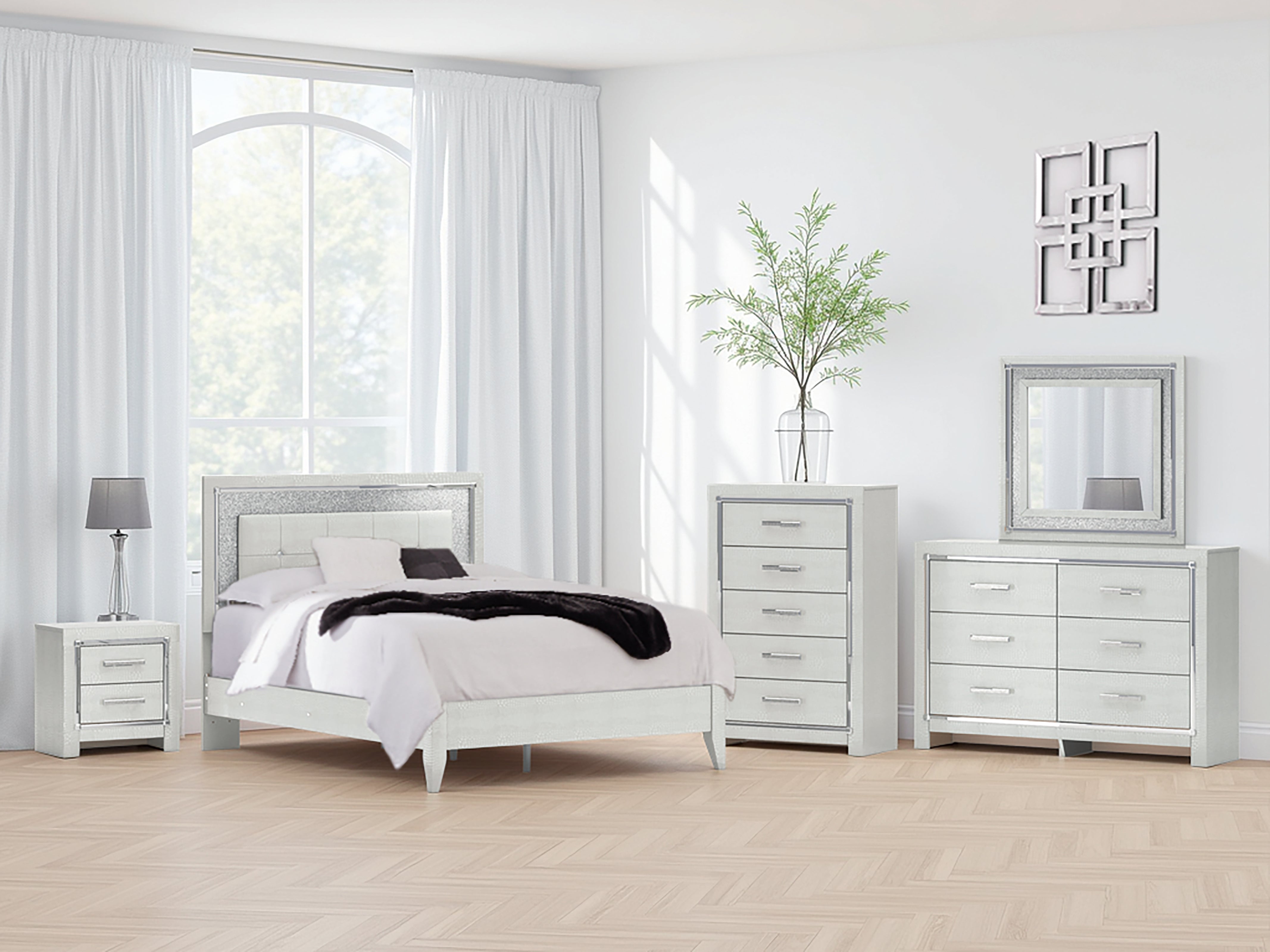 Prime Furniture - Ashley Furniture - Zyniden Bedroom - Queen Upholstered Panel Bed / Silver - B2114B2