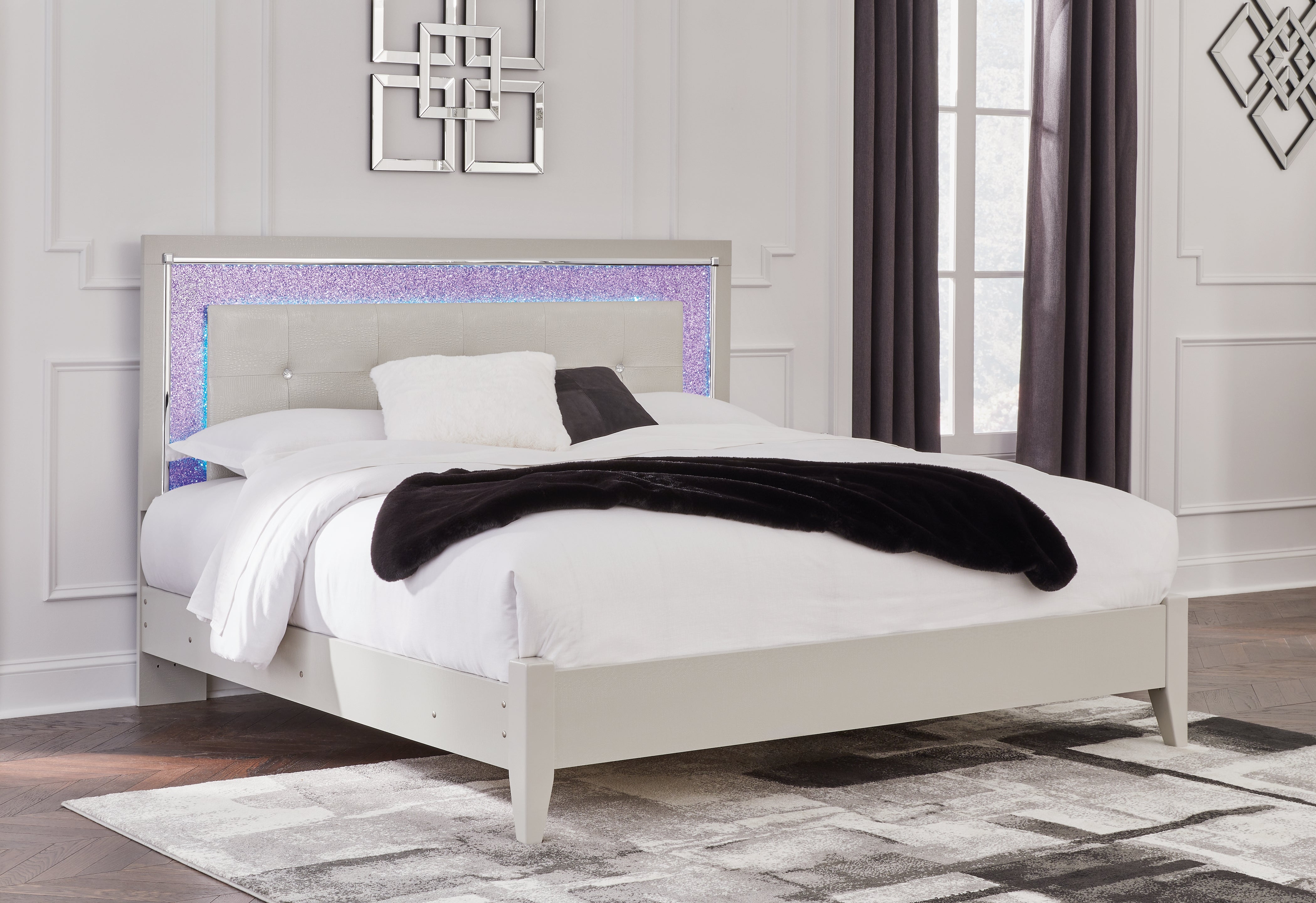 Prime Furniture - Ashley Furniture - Zyniden Bedroom - King Upholstered Panel Bed / Silver - B2114B3