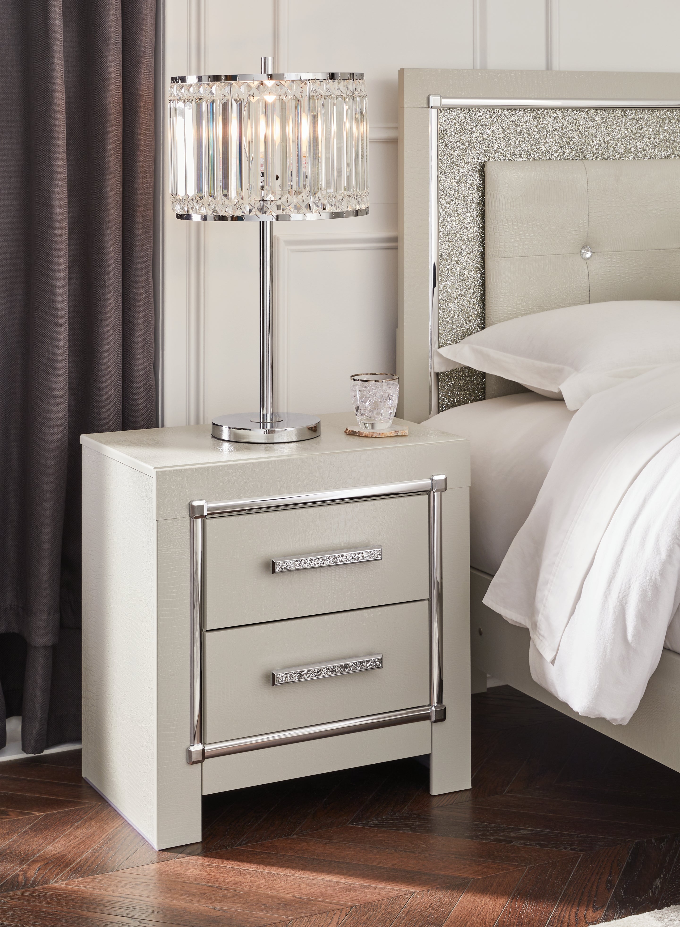Prime Furniture - Ashley Furniture - Zyniden Bedroom - Two Drawer Night Stand / Silver - B2114-92