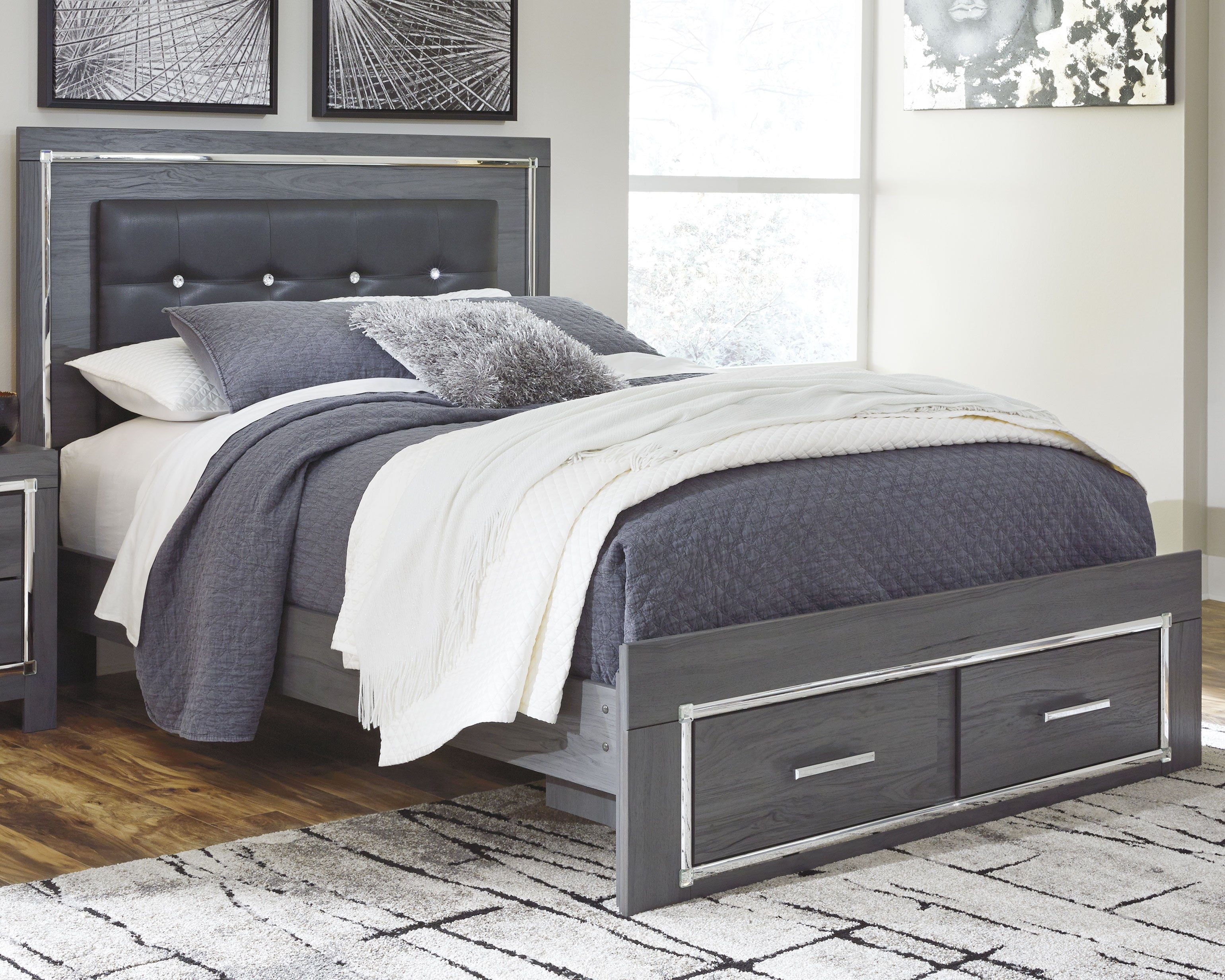 Prime Furniture - Ashley Furniture - Lodanna Bedroom - Queen Panel Bed with 2 Storage Drawers / Gray - B214B3