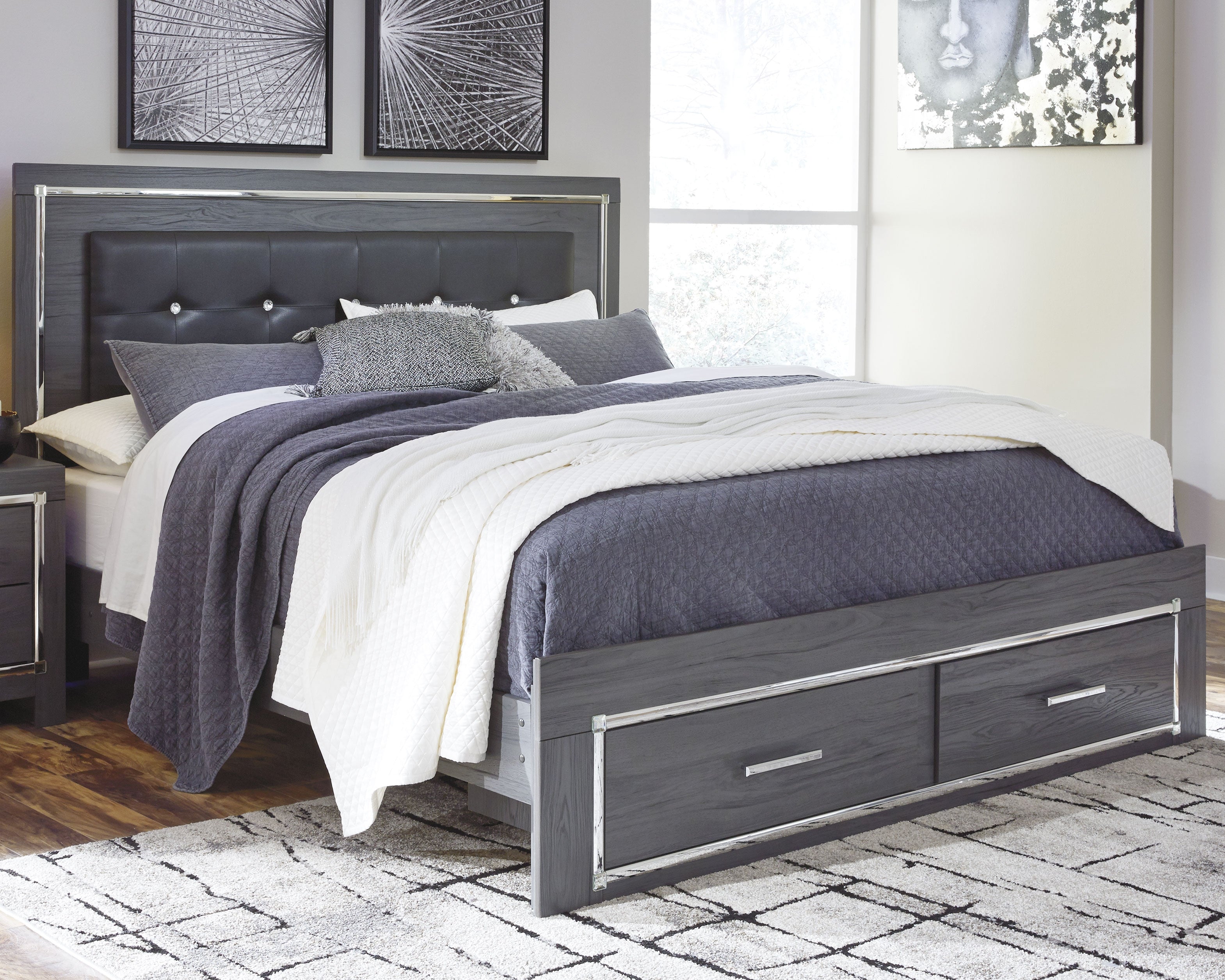 Prime Furniture - Ashley Furniture - Lodanna Bedroom - King Panel Bed with 2 Storage Drawers / Gray - B214B11