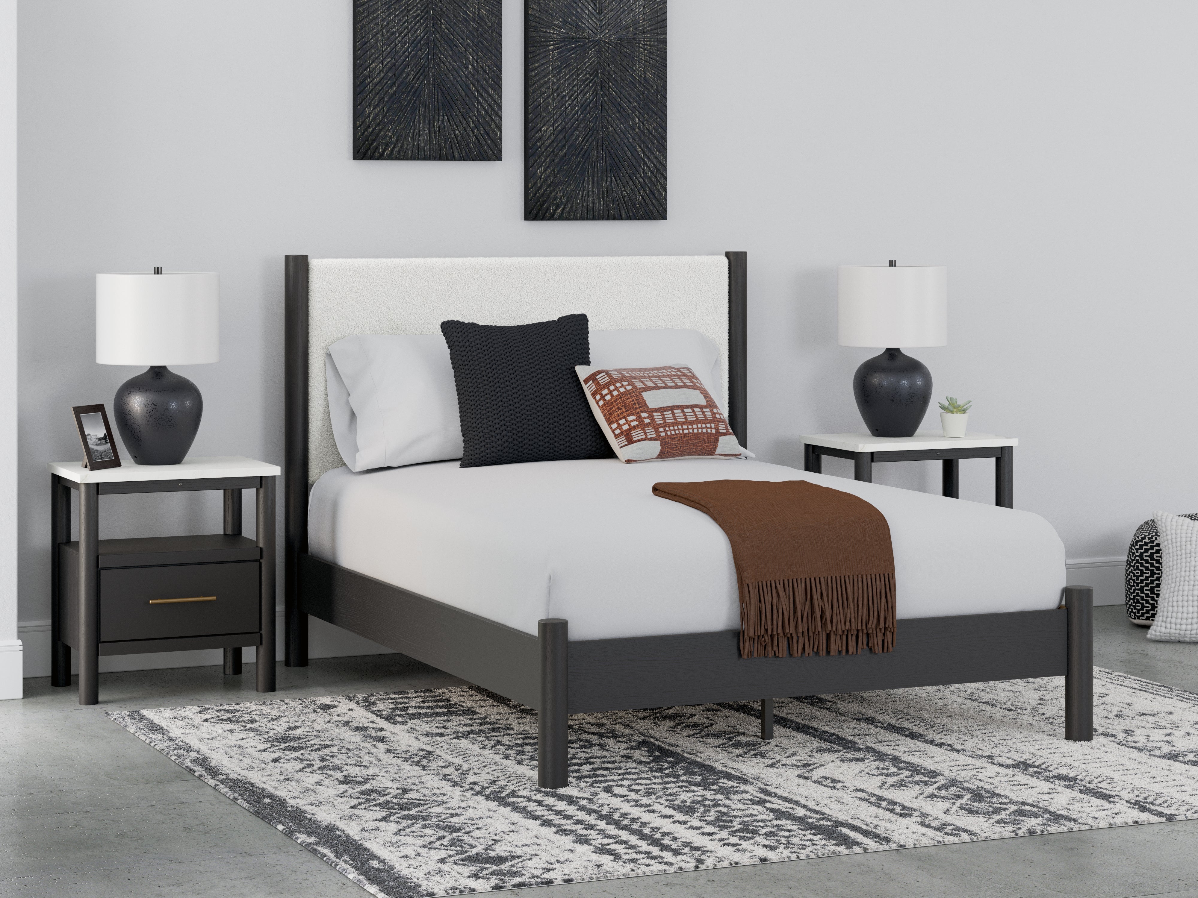 Prime Furniture - Ashley Furniture - Cadmori Bedroom - Queen Upholstered Panel Bed / Black/White - B2616B2
