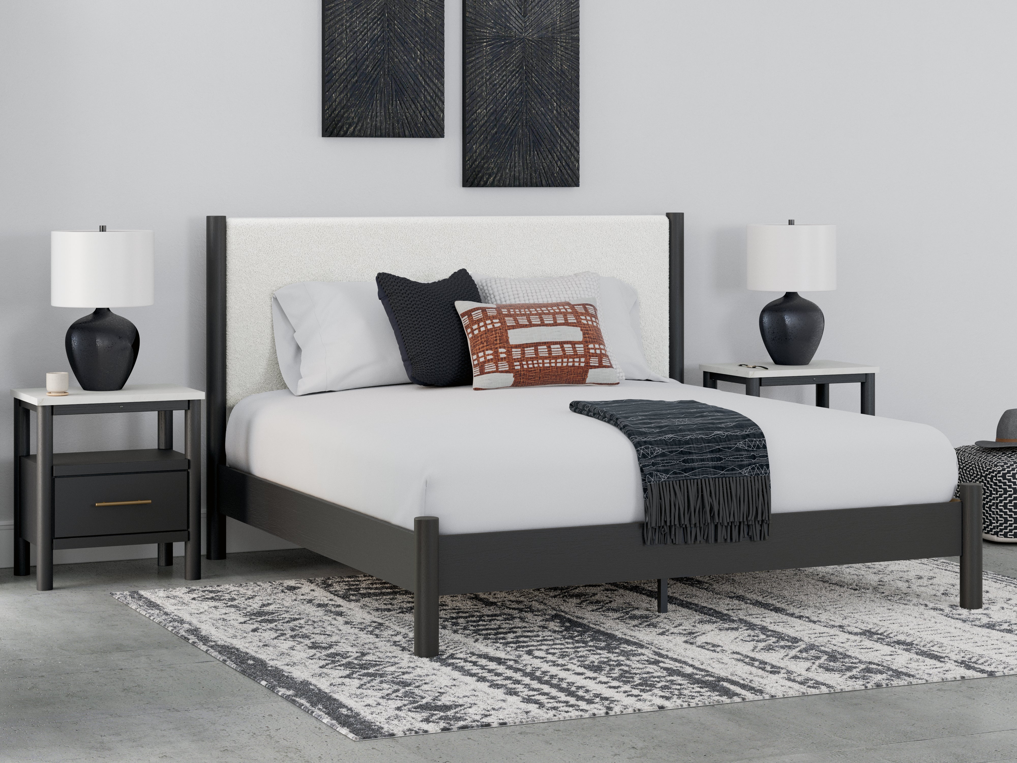 Prime Furniture - Ashley Furniture - Cadmori Bedroom - King Upholstered Panel Bed / Black/White - B2616B8