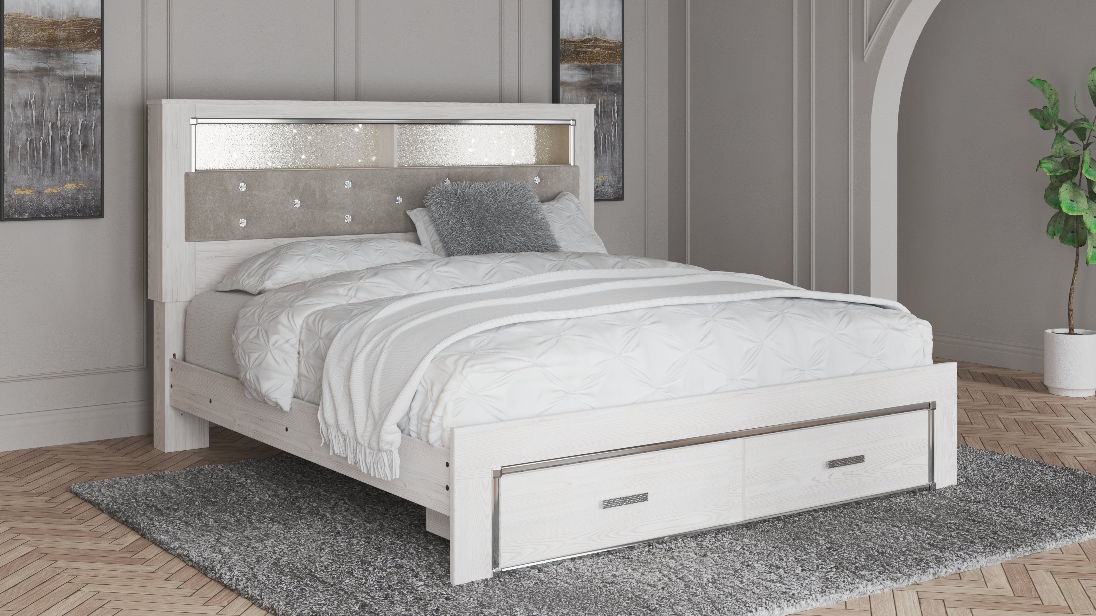Prime Furniture - Ashley Furniture - Altyra Bedroom - King Upholstered Bookcase Bed with Storage / White - B2640B30
