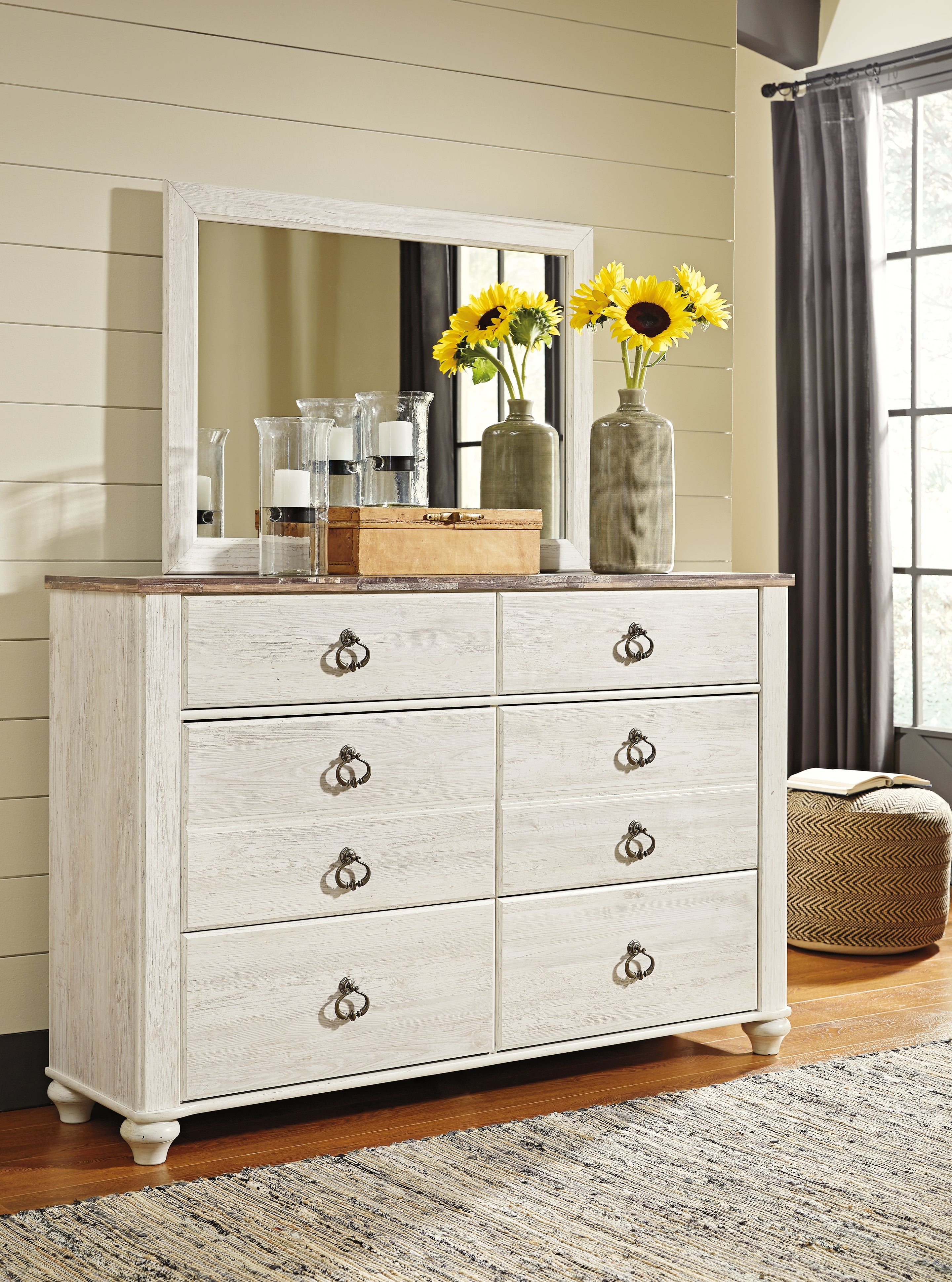 Prime Furniture - Ashley Furniture - Willowton Bedroom - Dresser and Mirror / Whitewash - B267B1