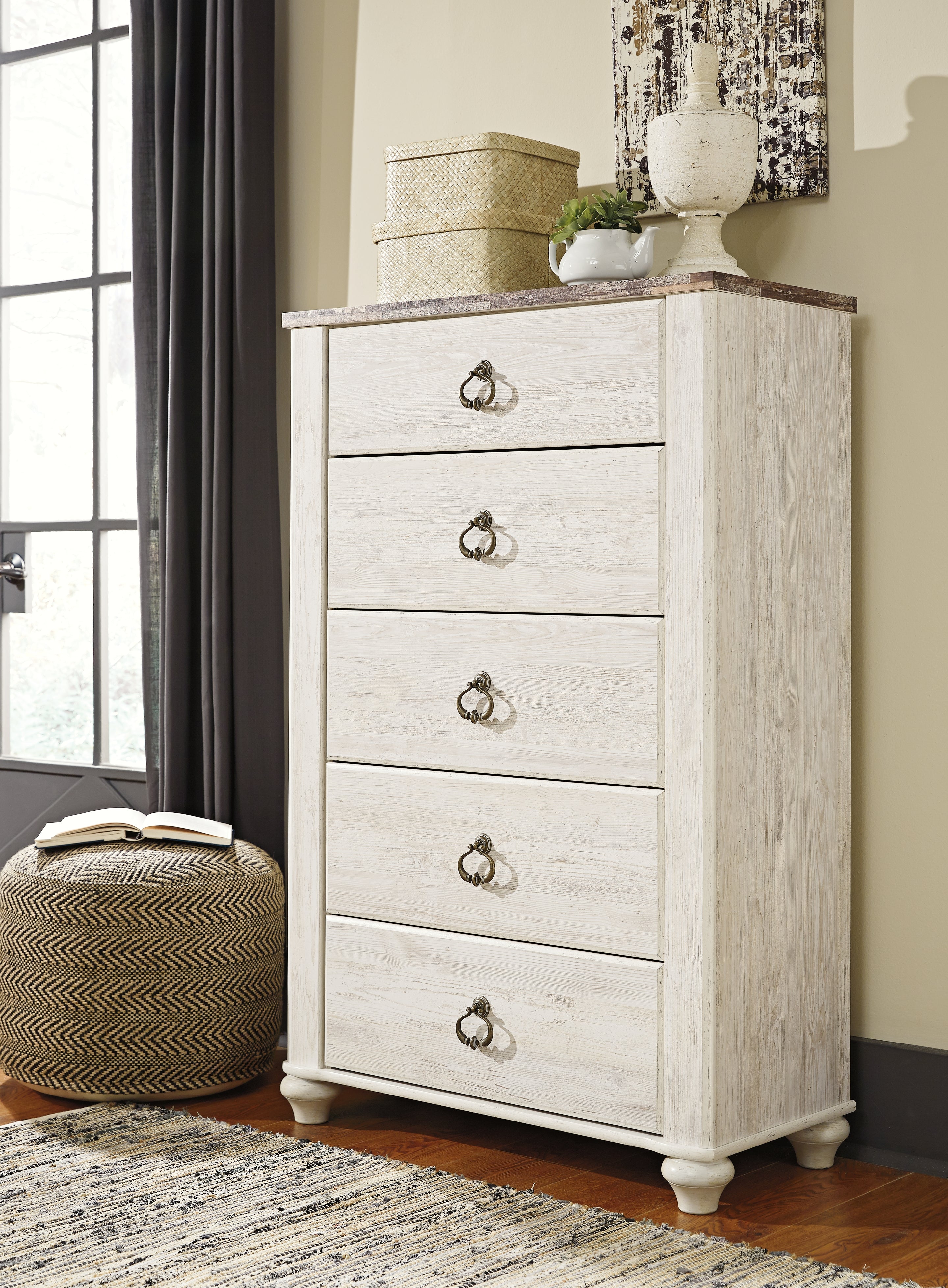 Prime Furniture - Ashley Furniture - Willowton Bedroom - Five Drawer Chest / Whitewash - B267-46