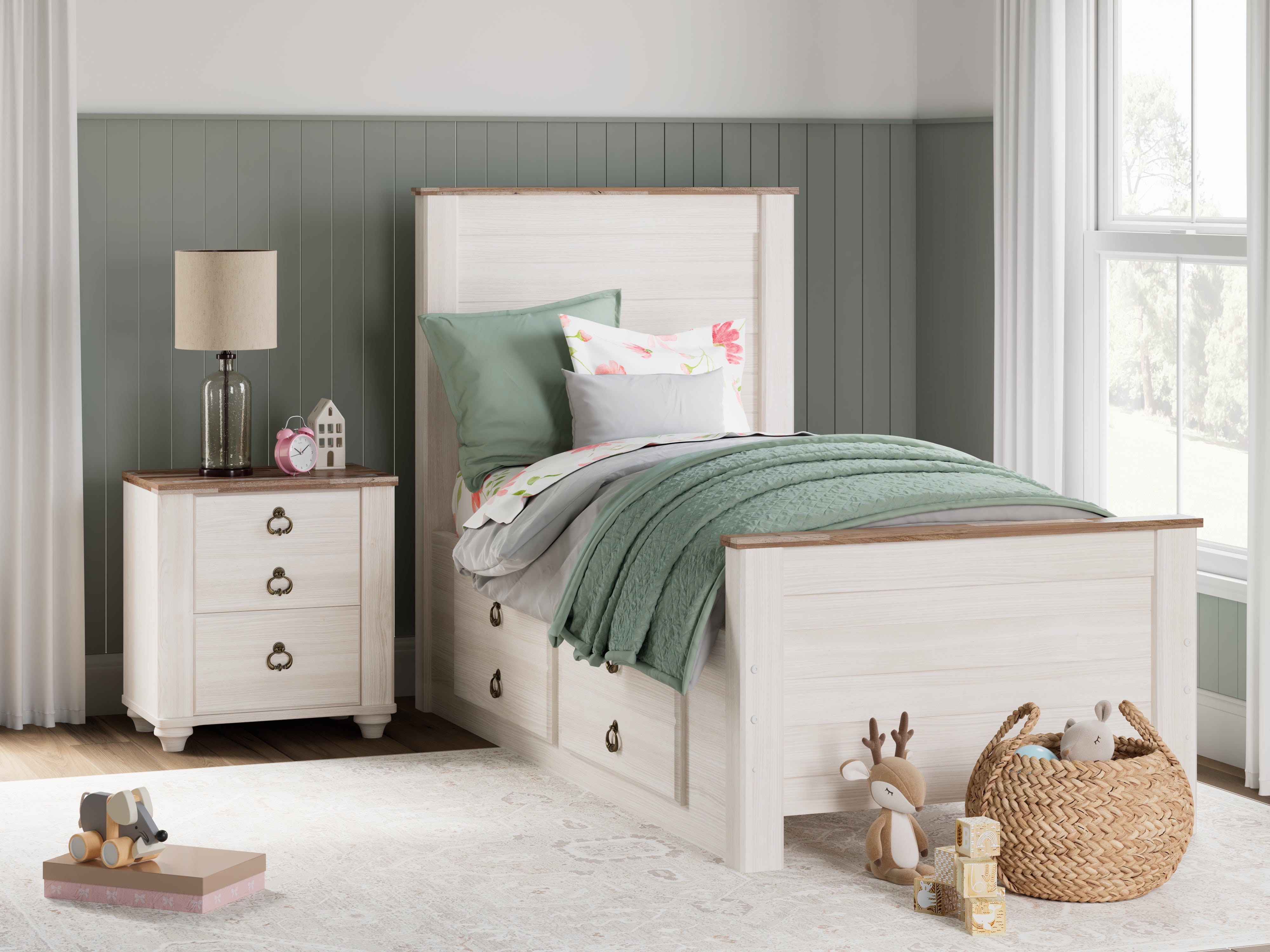 Prime Furniture - Ashley Furniture - Willowton Bedroom - Twin Panel Bed with 2 Storage Drawers / Whitewash - B267B21