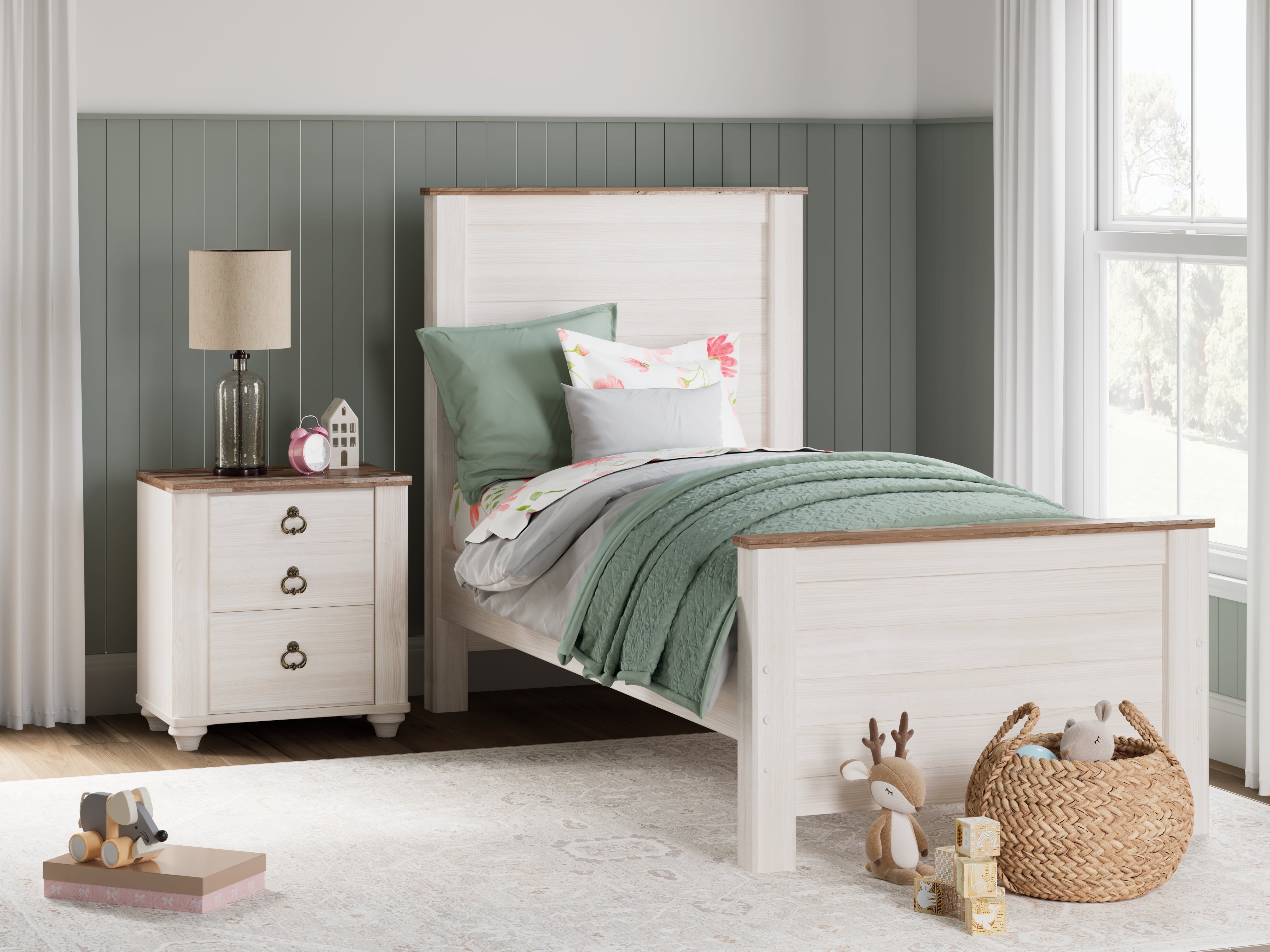 Prime Furniture - Ashley Furniture - Willowton Bedroom - Twin Panel Bed / Whitewash - B267B15