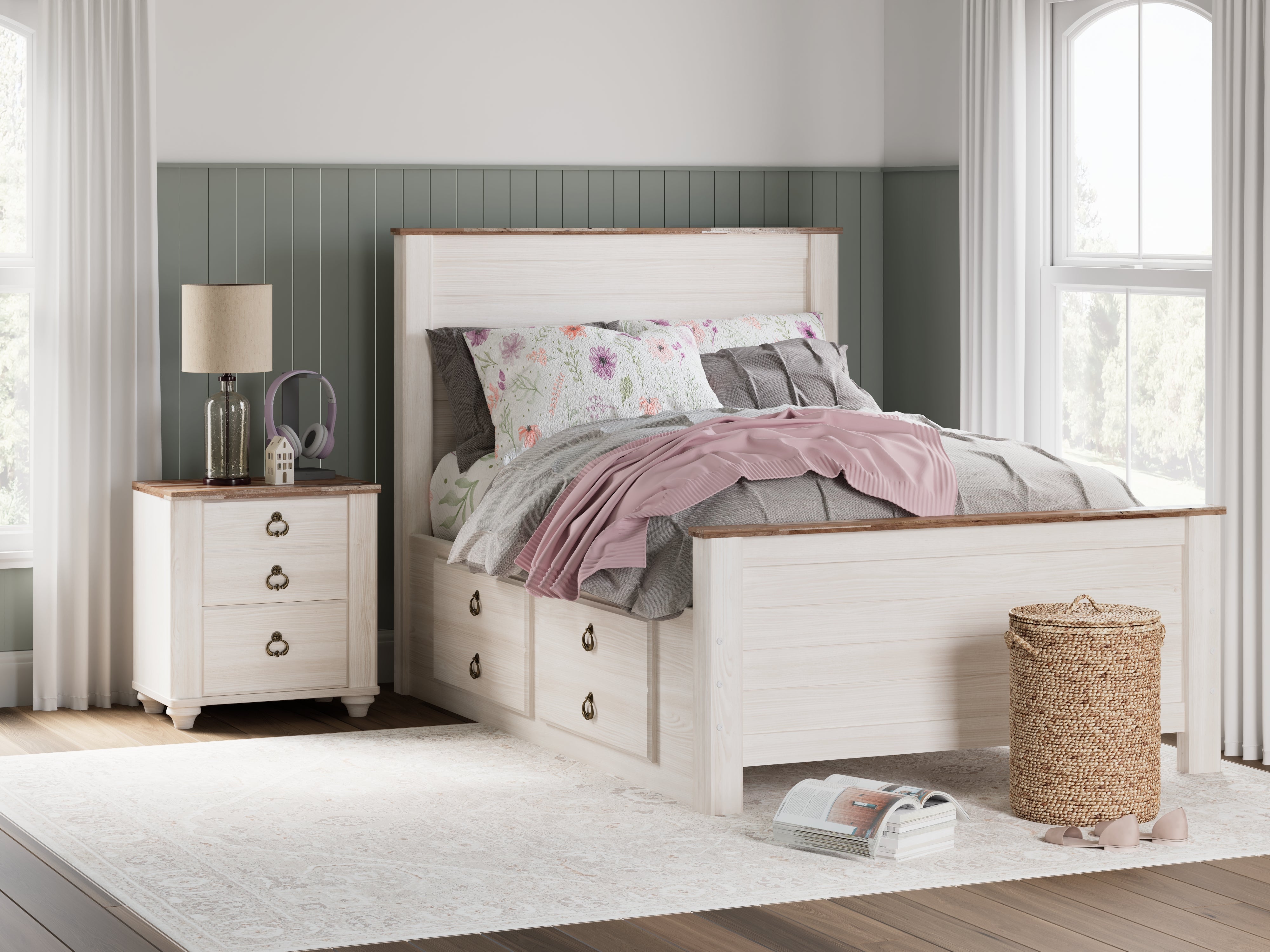 Prime Furniture - Ashley Furniture - Willowton Bedroom - Full Panel Bed with 2 Storage Drawers / Whitewash - B267B22