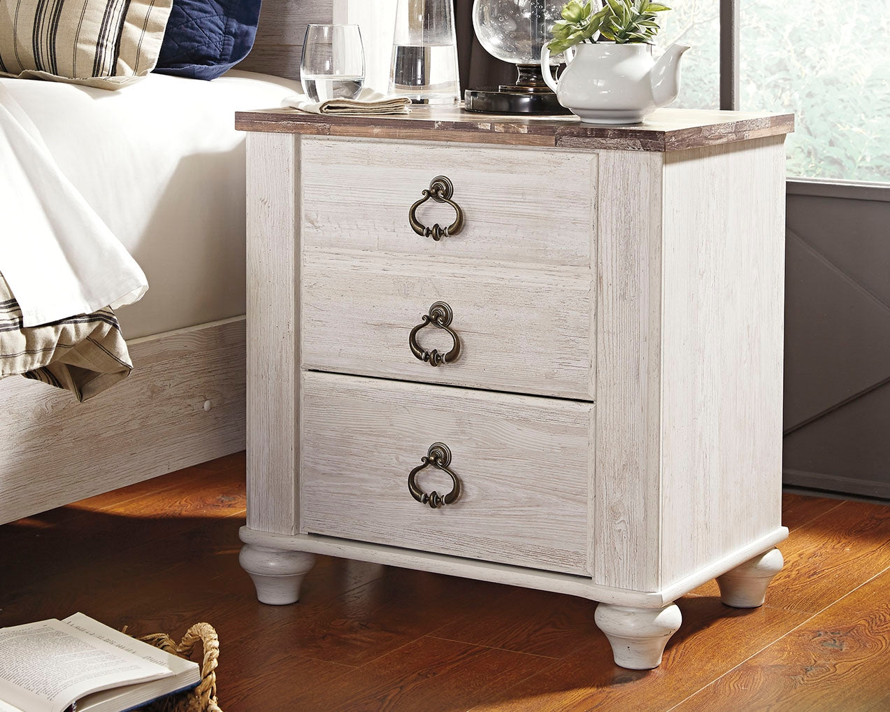 Prime Furniture - Ashley Furniture - Willowton Bedroom - Two Drawer Night Stand / Whitewash - B267-92