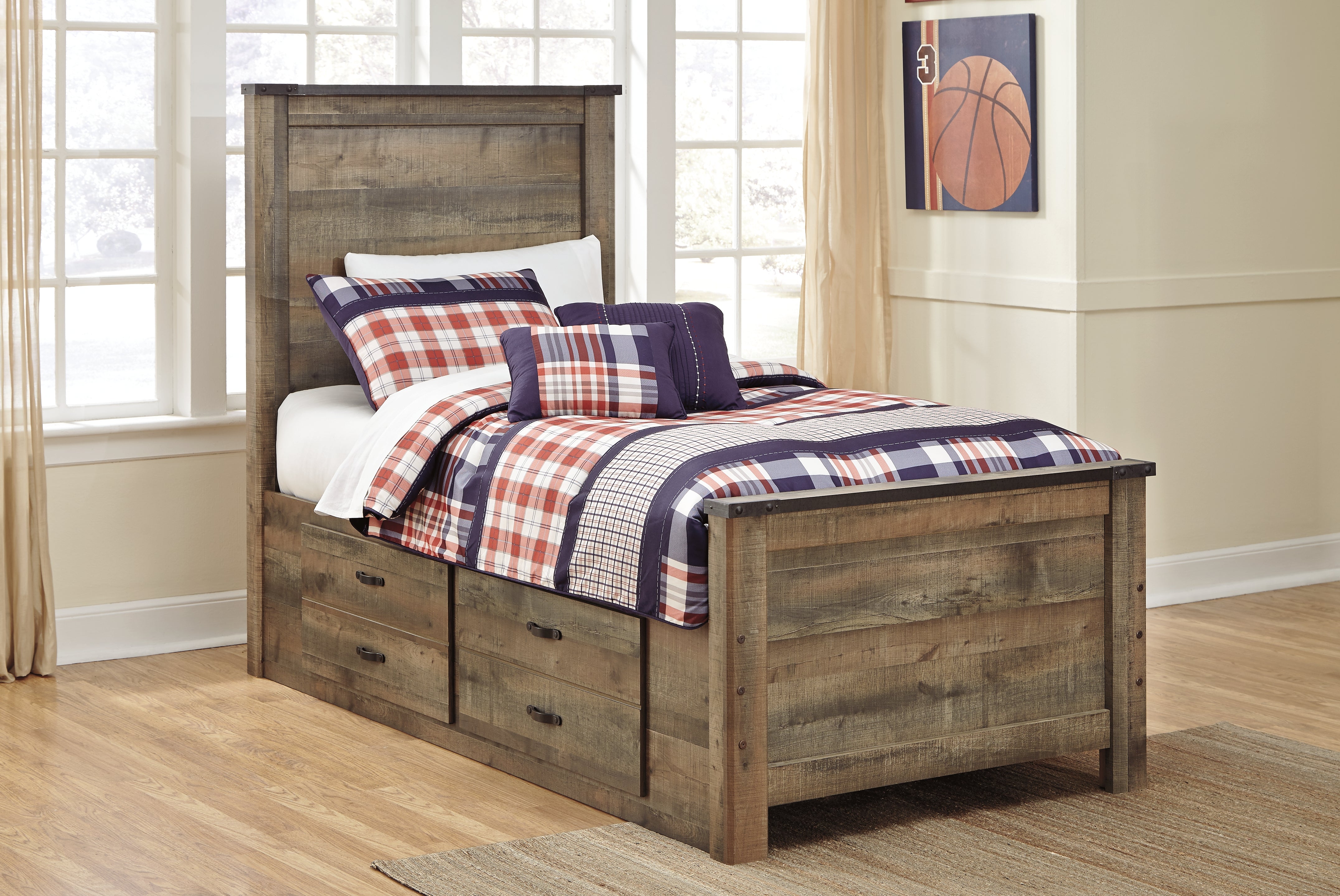 Prime Furniture - Ashley Furniture - Trinell Bedroom - Twin Panel Bed with 2 Storage Drawers / Brown - B446B15