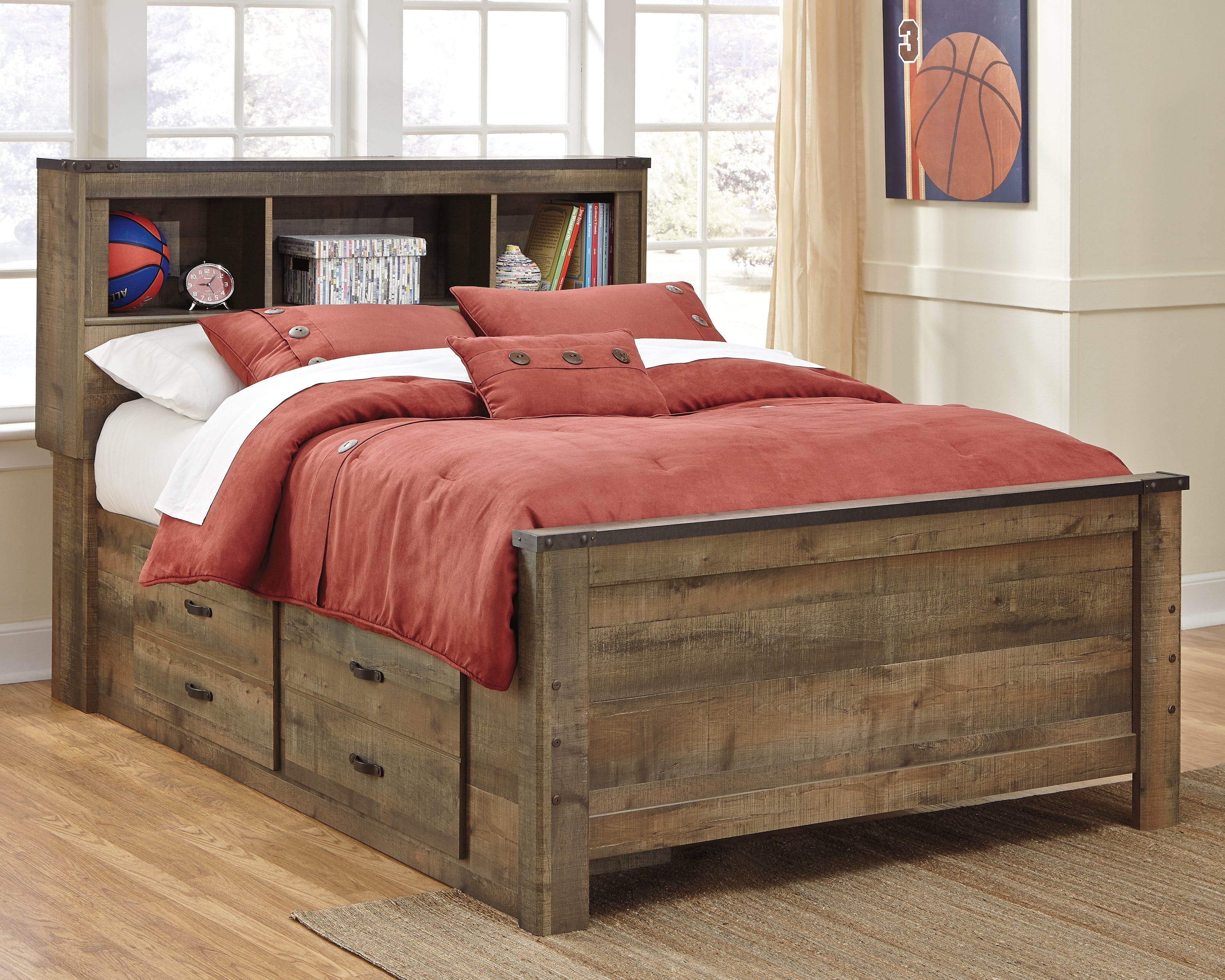 Prime Furniture - Ashley Furniture - Trinell Bedroom - Full Bookcase Bed with 2 Sided Storage / Brown - B446B79