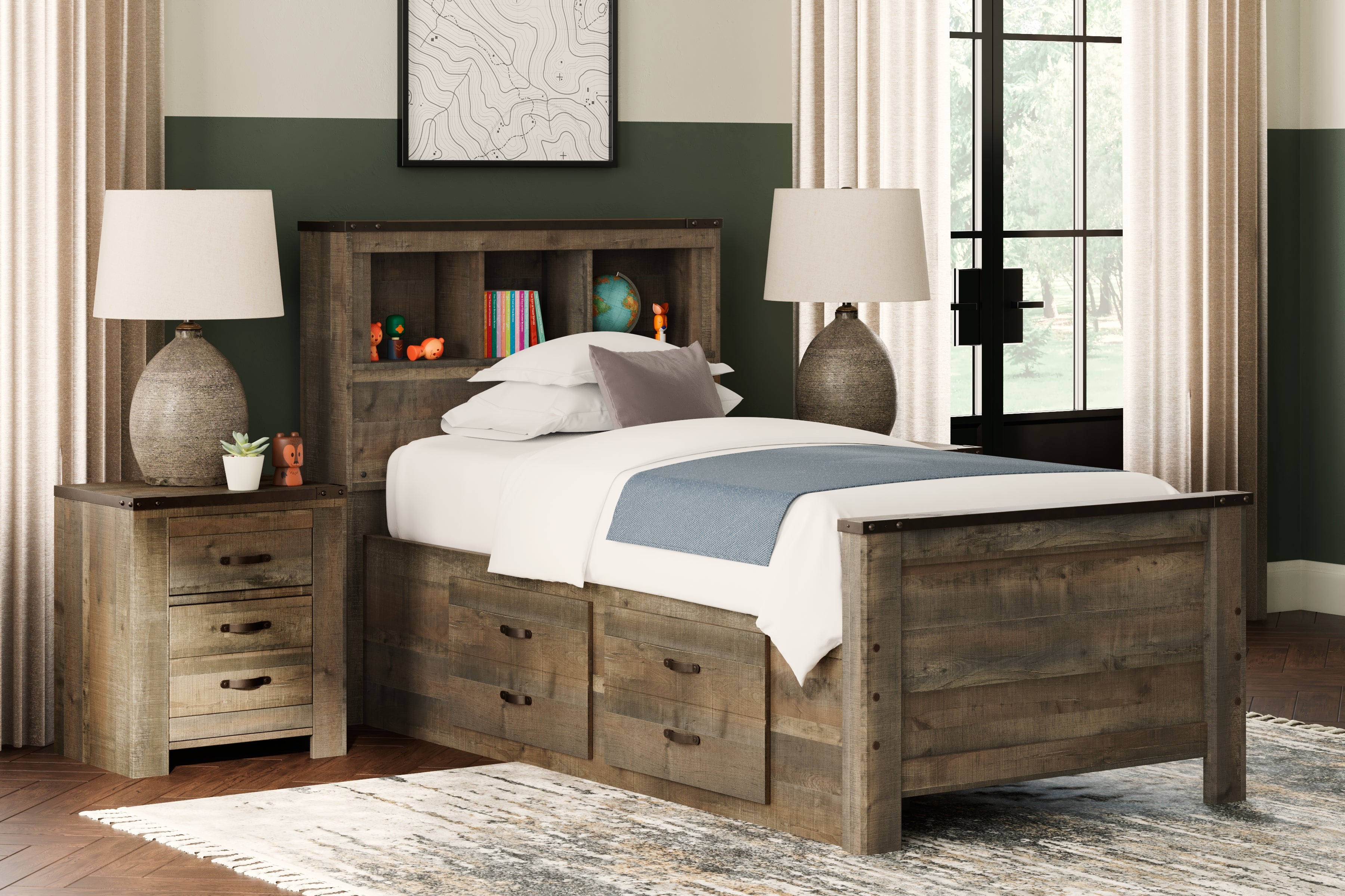 Prime Furniture - Ashley Furniture - Trinell Bedroom - Twin Bookcase Bed with 2 Storage Drawers / Brown - B446B17