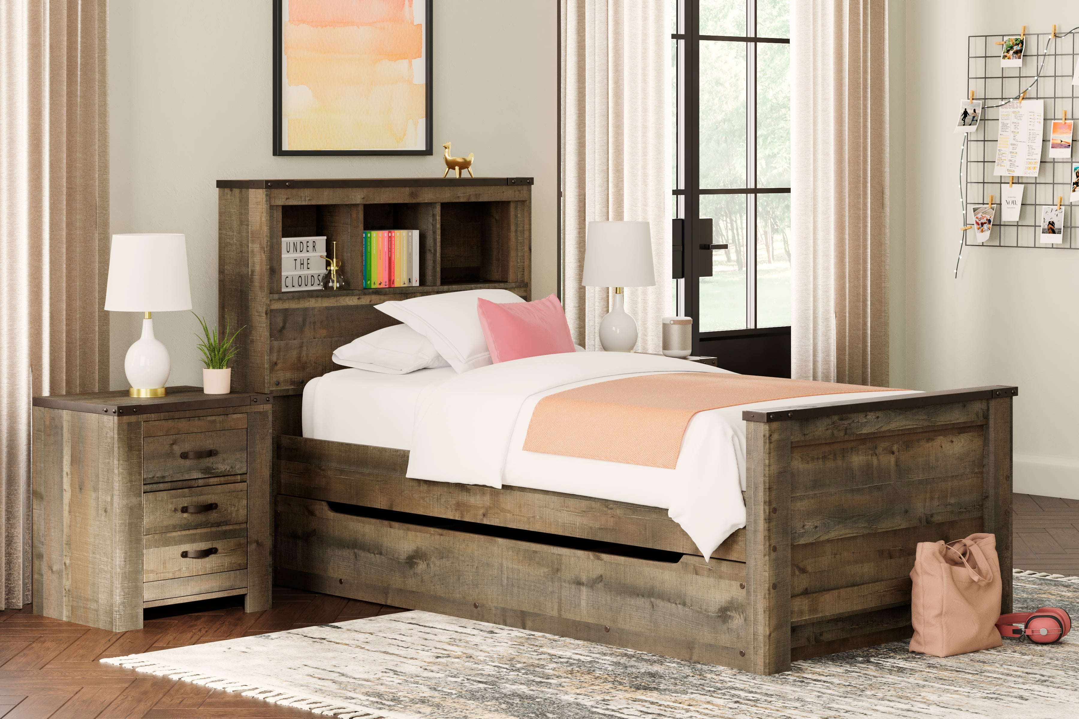 Prime Furniture - Ashley Furniture - Trinell Bedroom - Twin Bookcase Bed with 1 Large Storage Drawer / Brown - B446B22