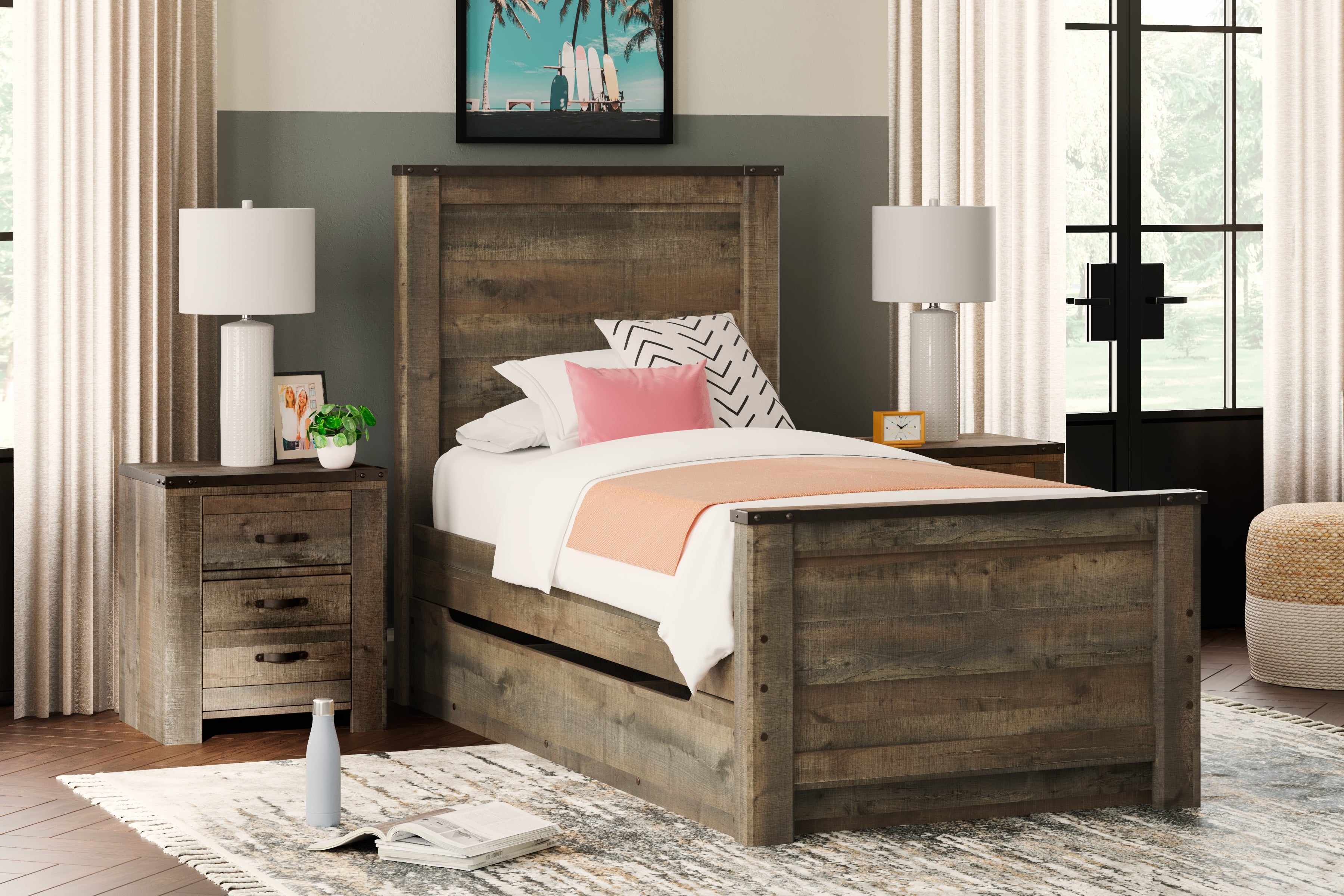 Prime Furniture - Ashley Furniture - Trinell Bedroom - Twin Panel Bed with 1 Large Storage Drawer / Brown - B446B8