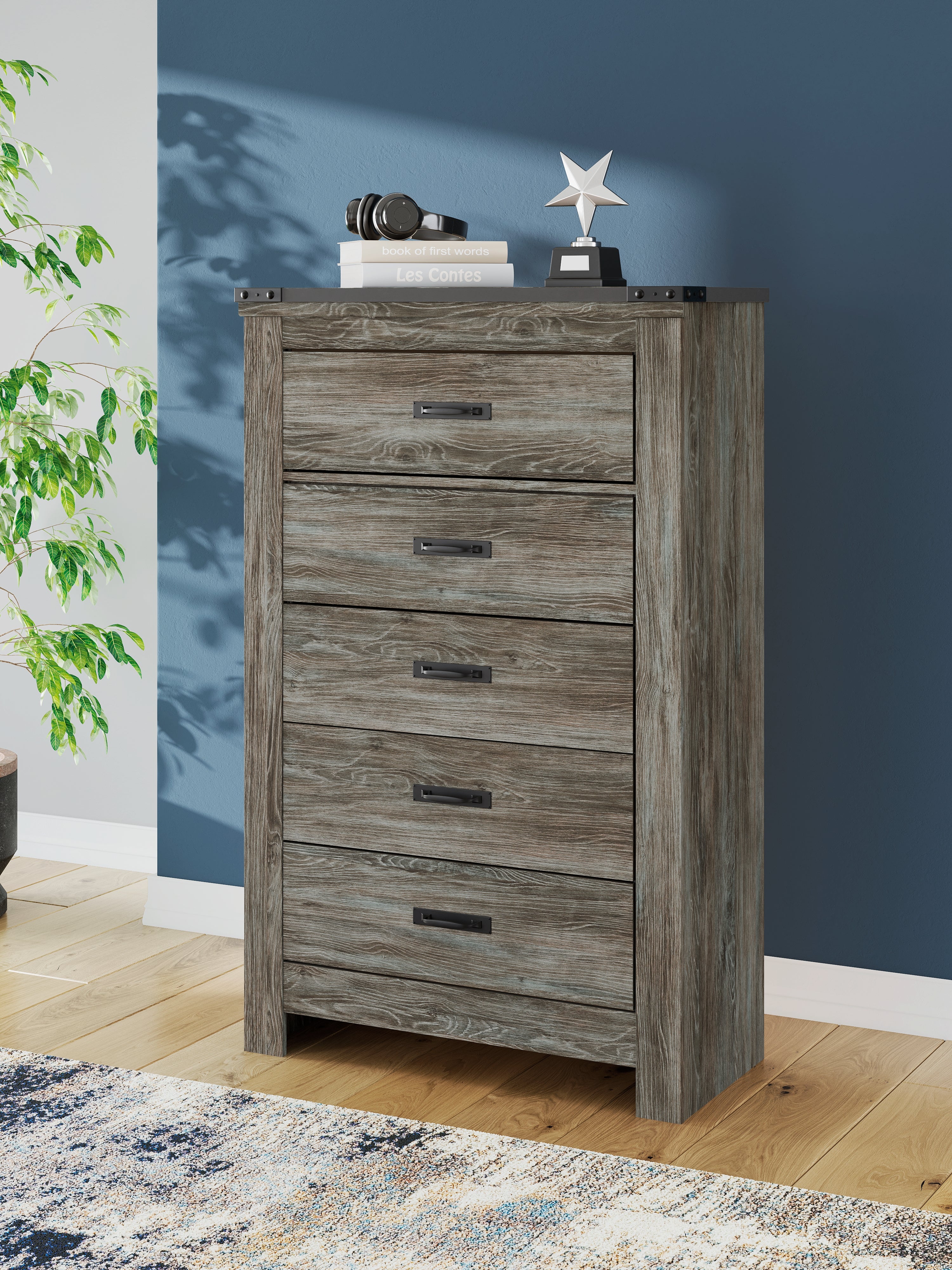 Prime Furniture - Ashley Furniture - Frandern Bedroom - Five Drawer Chest / Gray - B4480-46