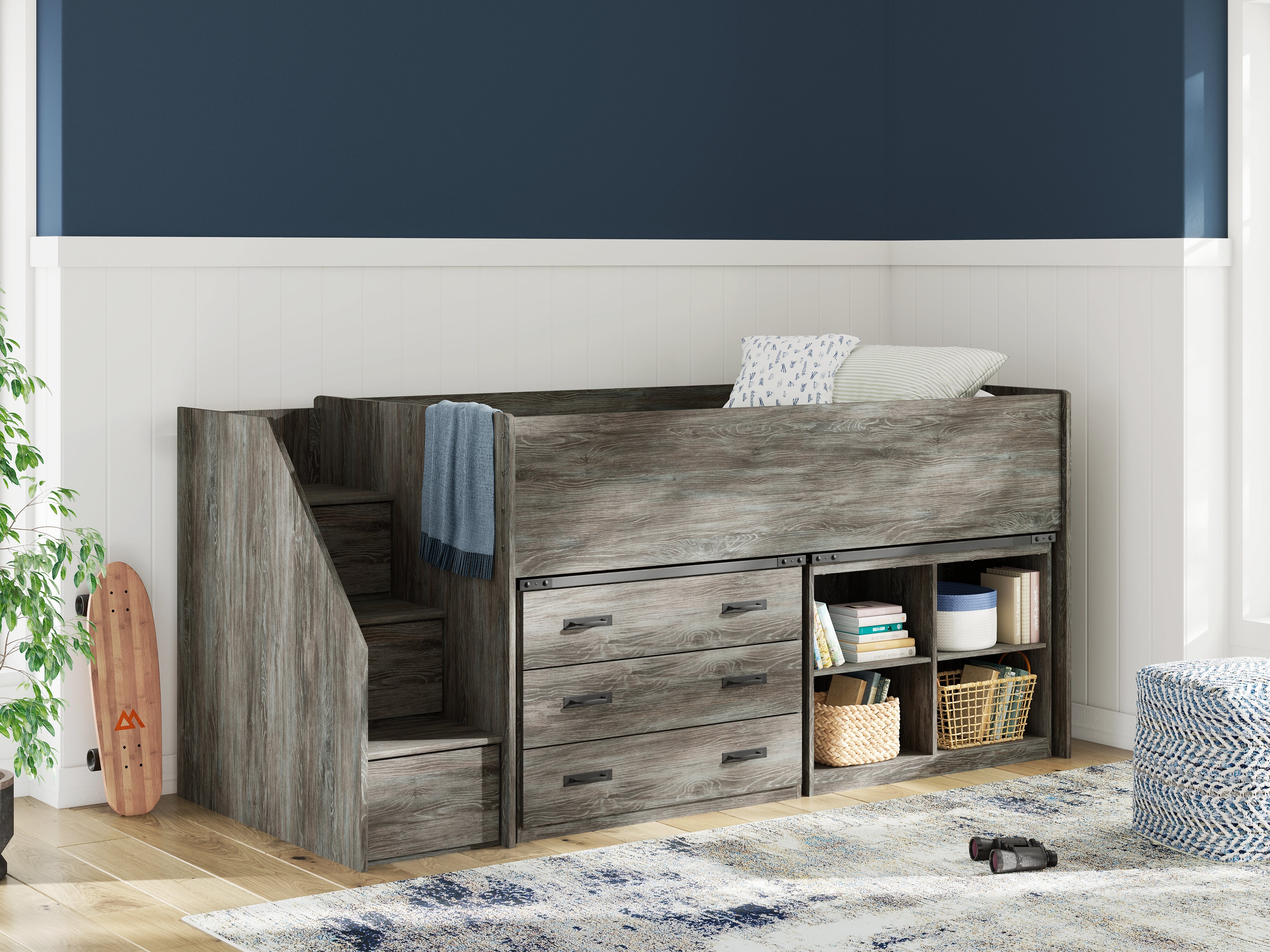 Prime Furniture - Ashley Furniture - Frandern Bedroom - Twin Loft  Bed with Bookcase and Drawer Storage / Gray - B4480B16