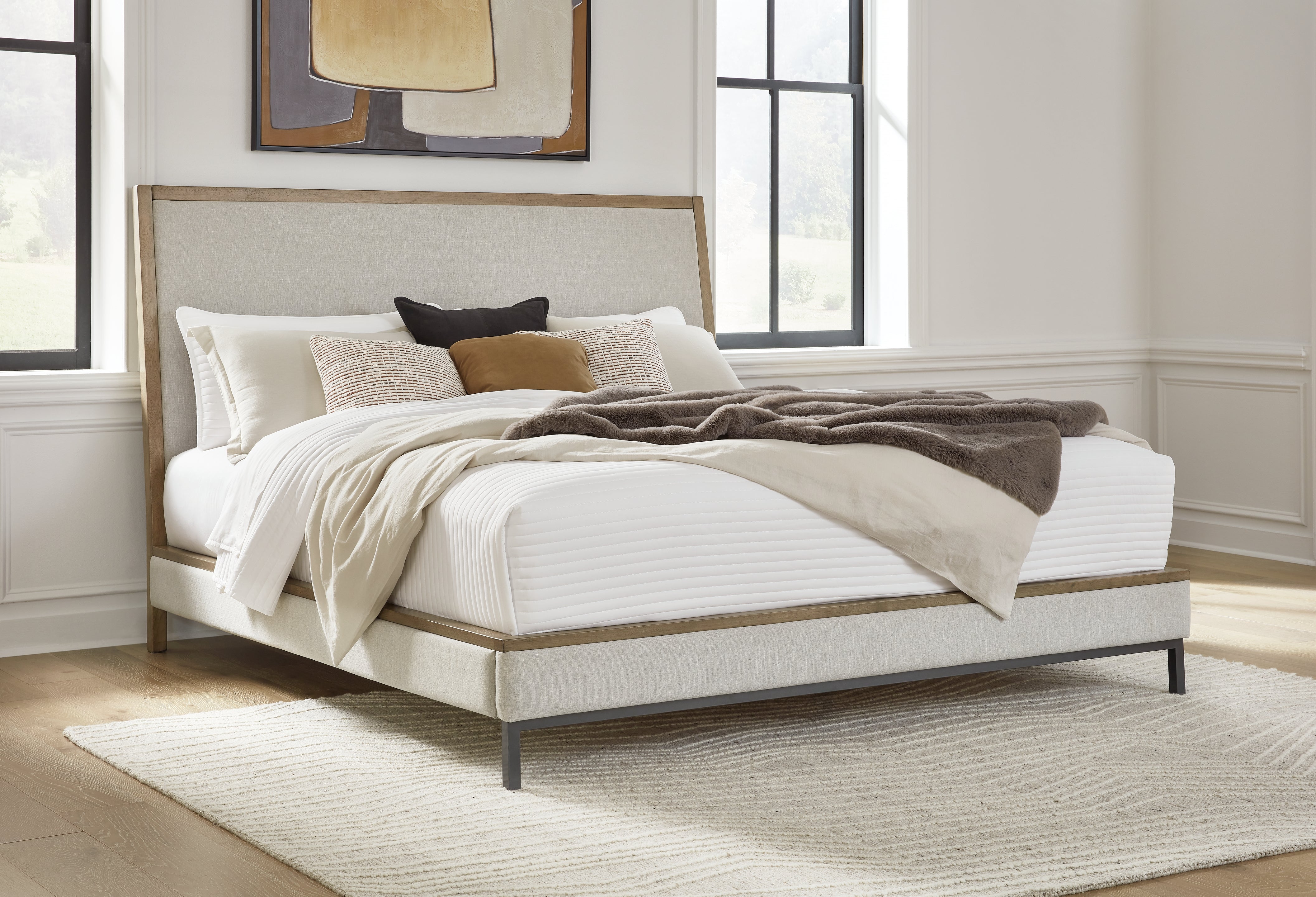 Prime Furniture - Ashley Furniture - Tomtyn Bedroom - King Upholstered Bed / Light Brown - B622B4