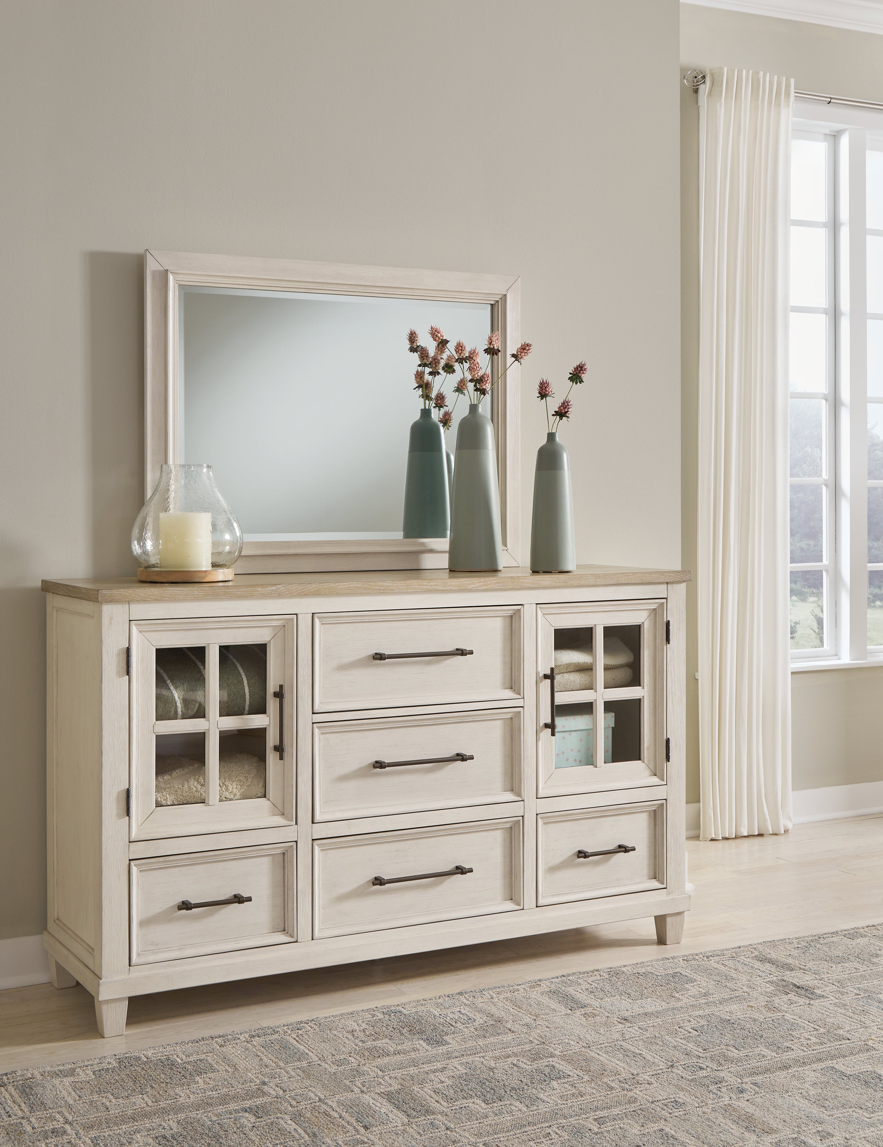 Prime Furniture - Ashley Furniture - Shaybrock Bedroom - Dresser and Mirror / Antique White/Brown - B683B1