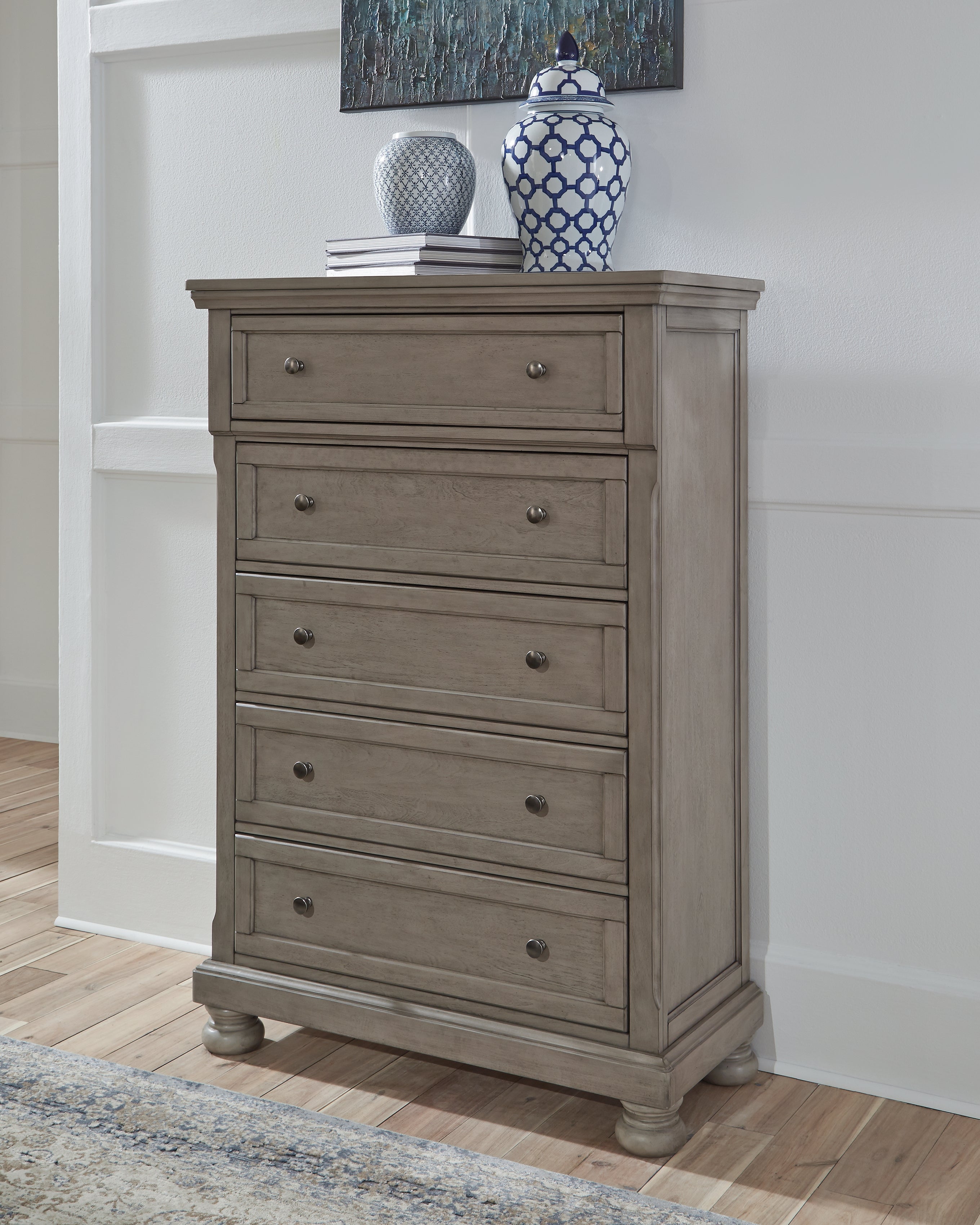 Prime Furniture - Ashley Furniture - Lettner Bedroom - Five Drawer Chest / Light Gray - B733-46