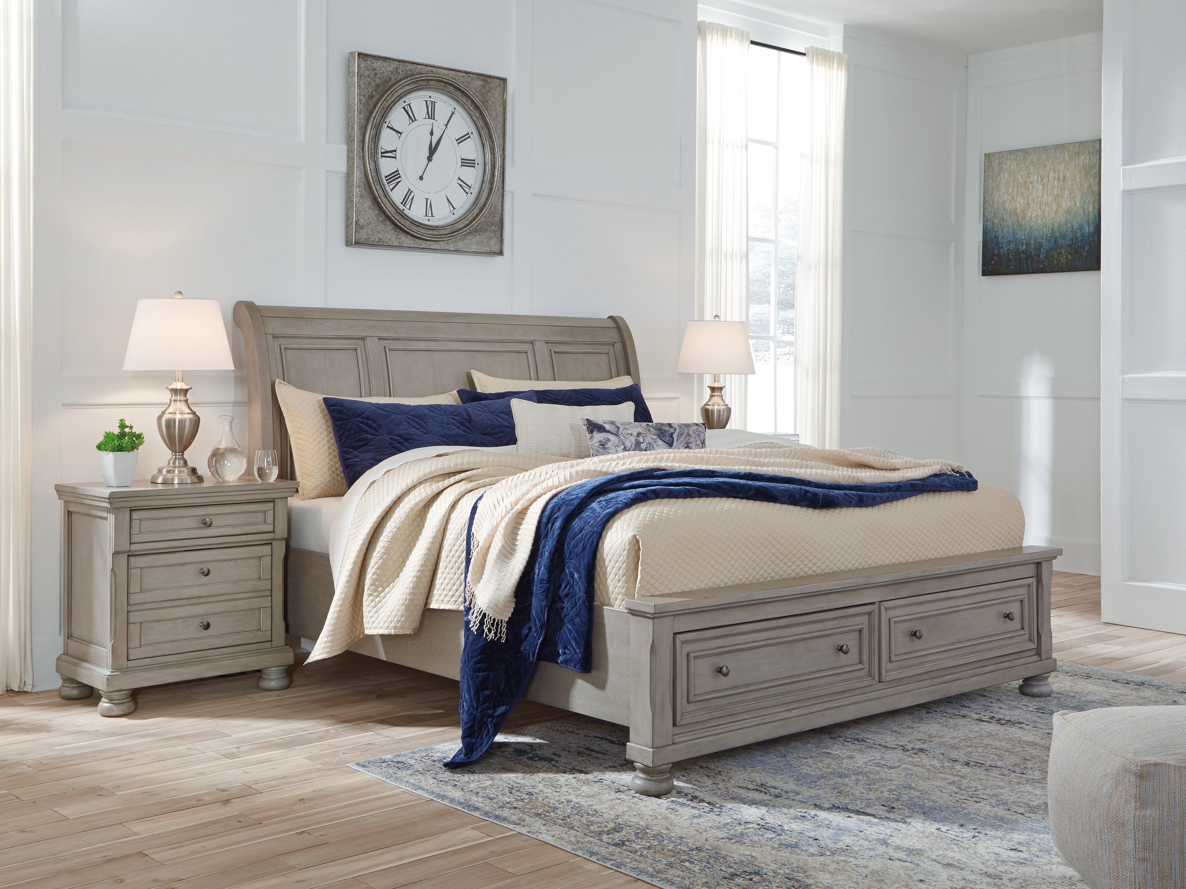 Prime Furniture - Ashley Furniture - Lettner Bedroom - King Sleigh Bed with 2 Storage Drawers / Light Gray - B733B8