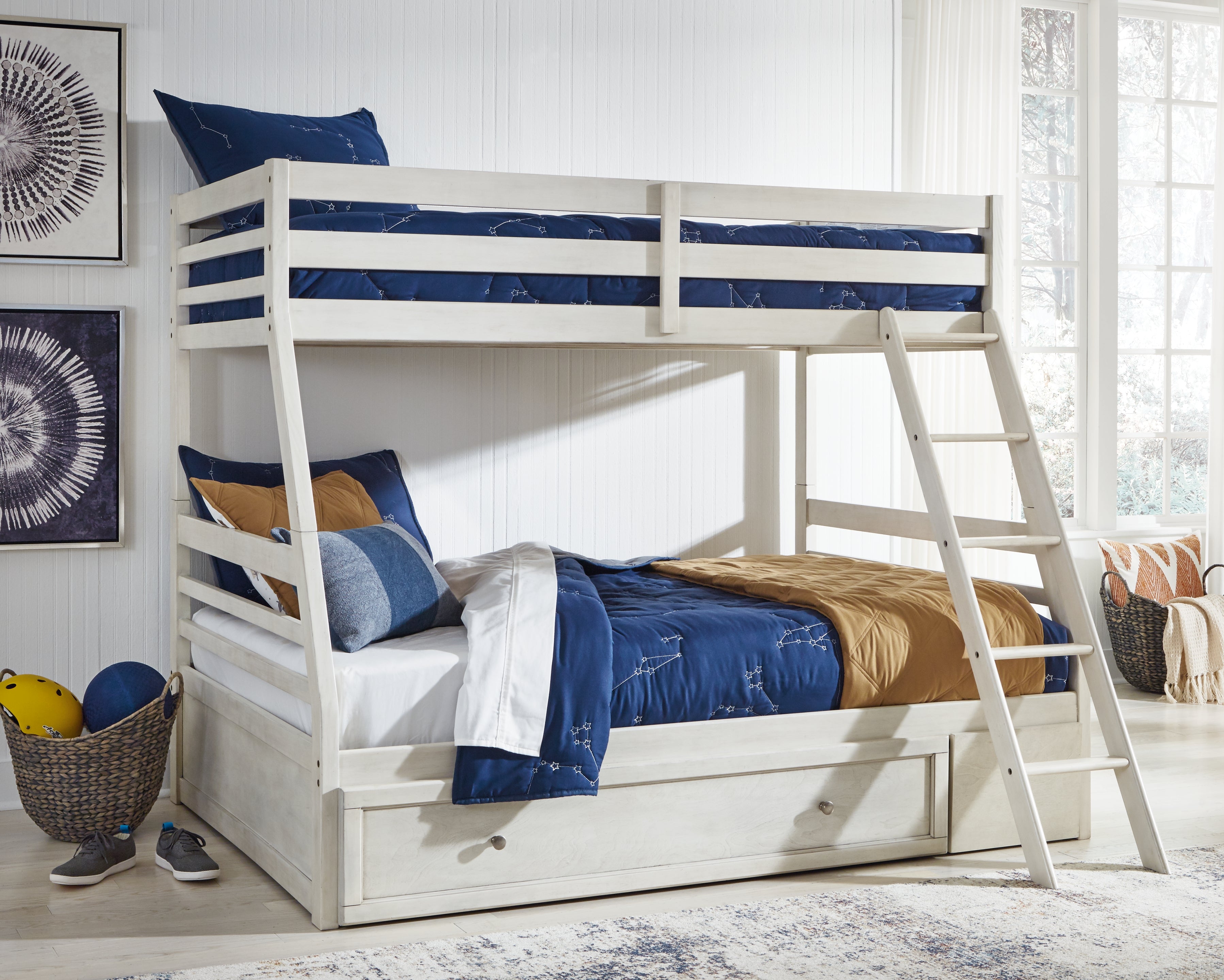 Prime Furniture - Ashley Furniture - Robbinsdale Bedroom - Twin over Full Bunk Bed with Storage / Antique White - B742B16
