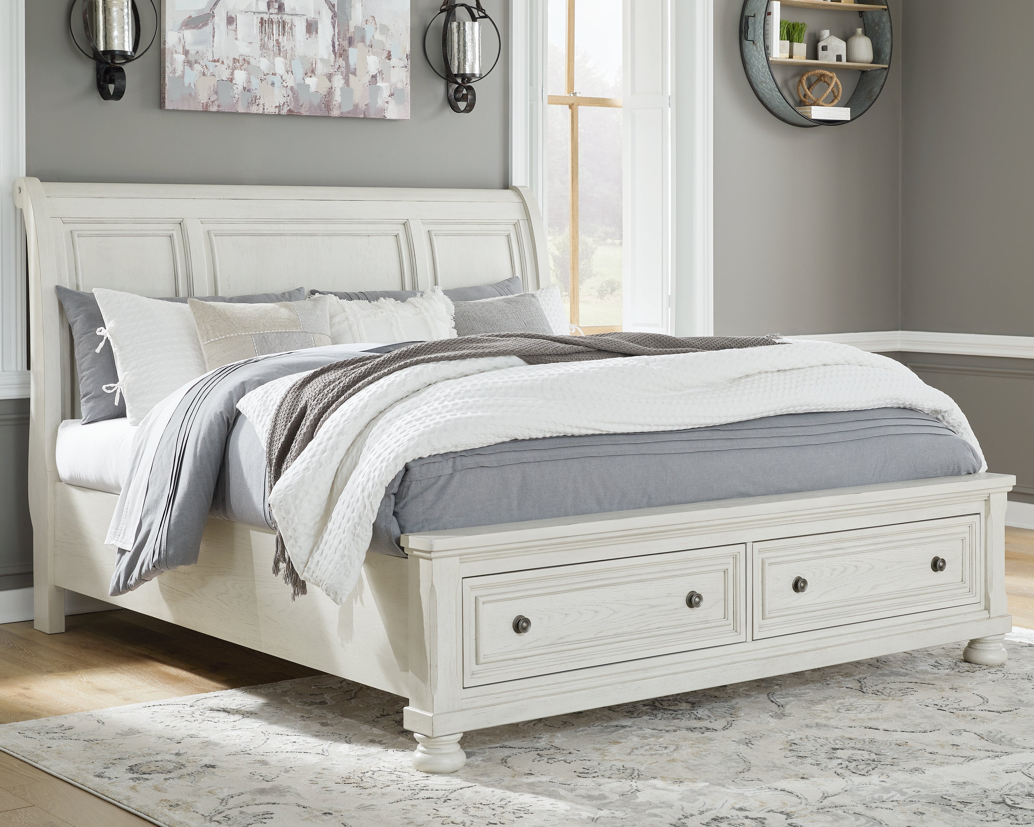 Prime Furniture - Ashley Furniture - Robbinsdale Bedroom - King Sleigh Bed with Storage / Antique White - B742B8