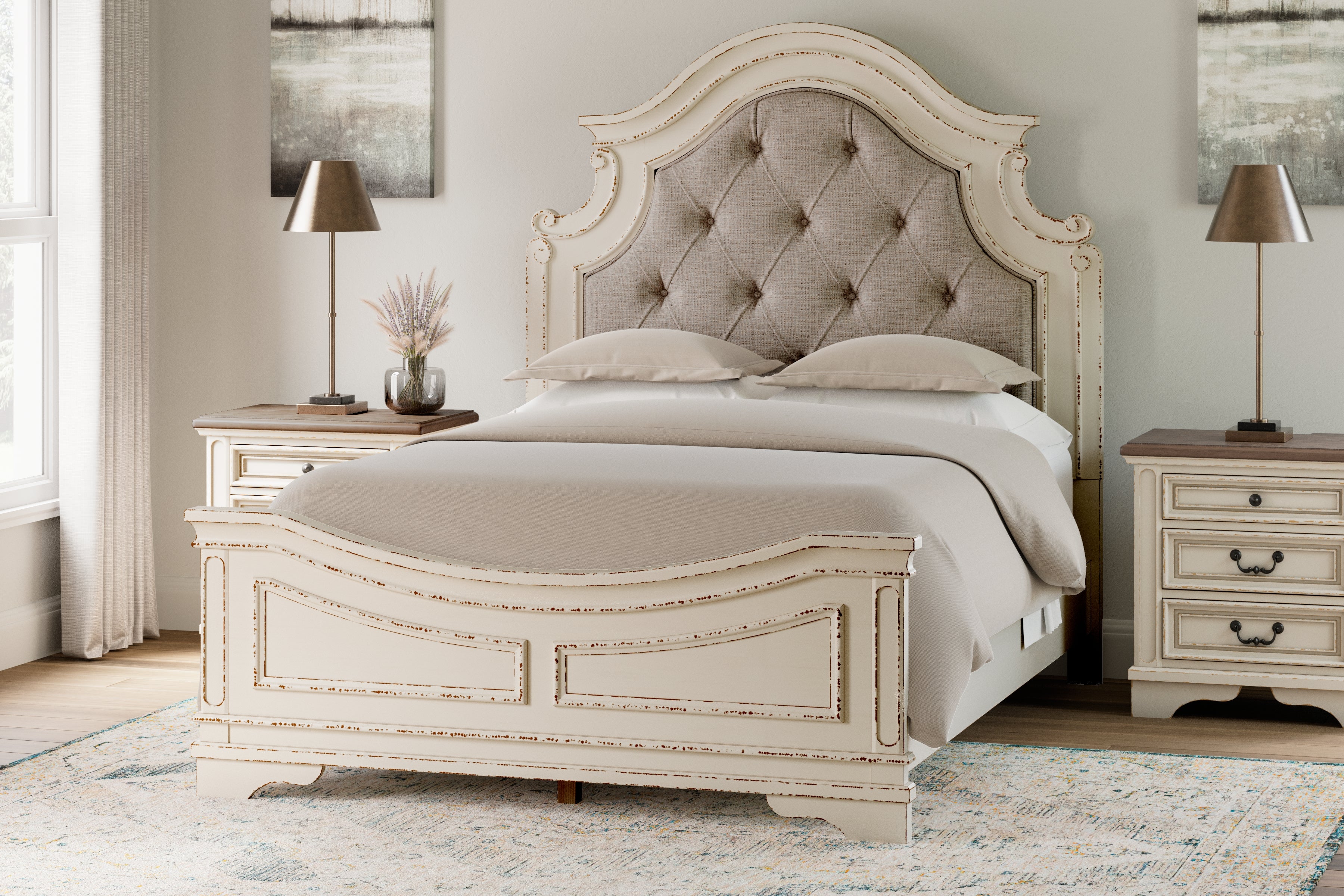 Prime Furniture - Ashley Furniture - Realyn Bedroom - Queen Upholstered Panel Bed / Chipped White - B743B2