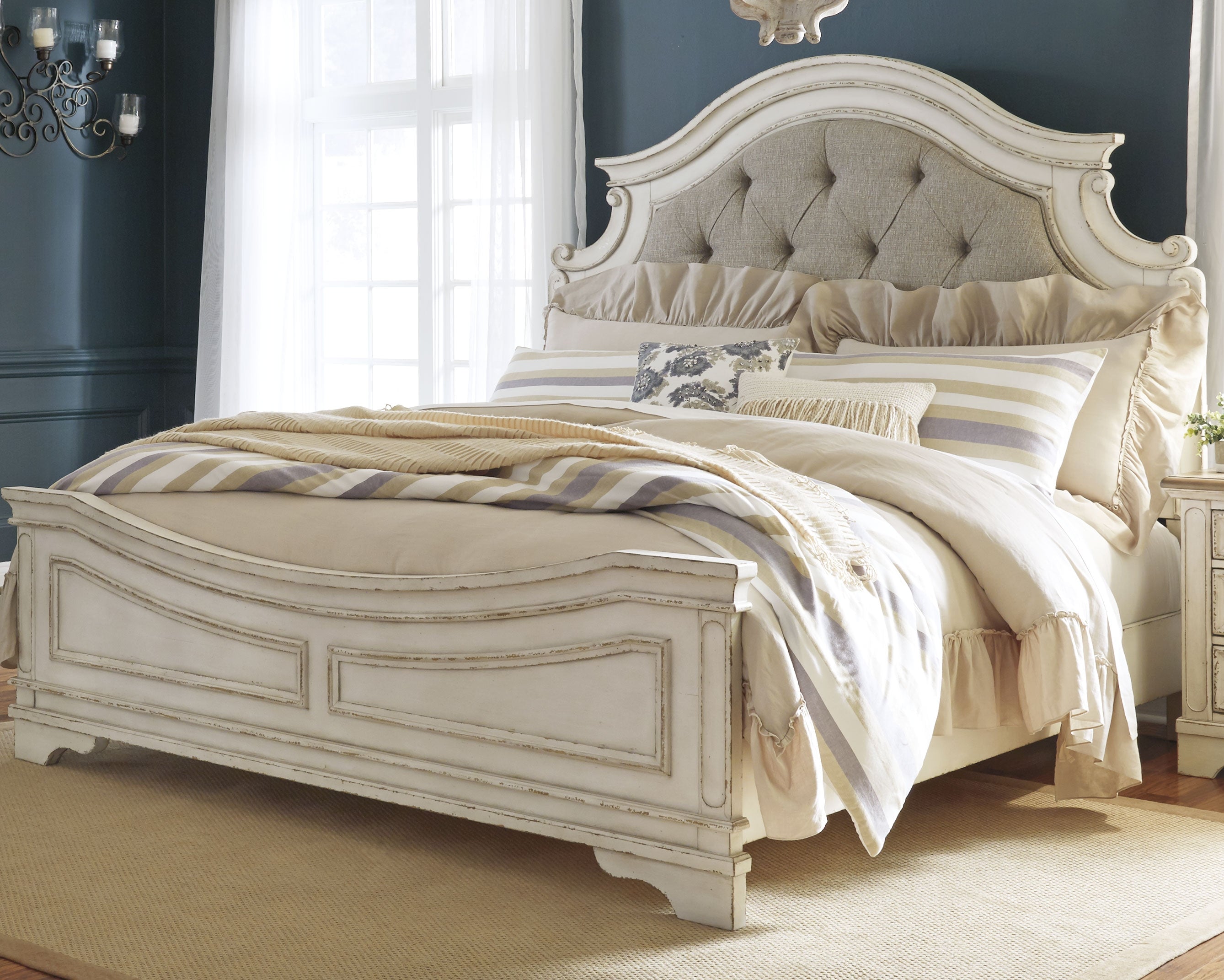 Prime Furniture - Ashley Furniture - Realyn Bedroom - King Upholstered Panel Bed / Chipped White - B743B6