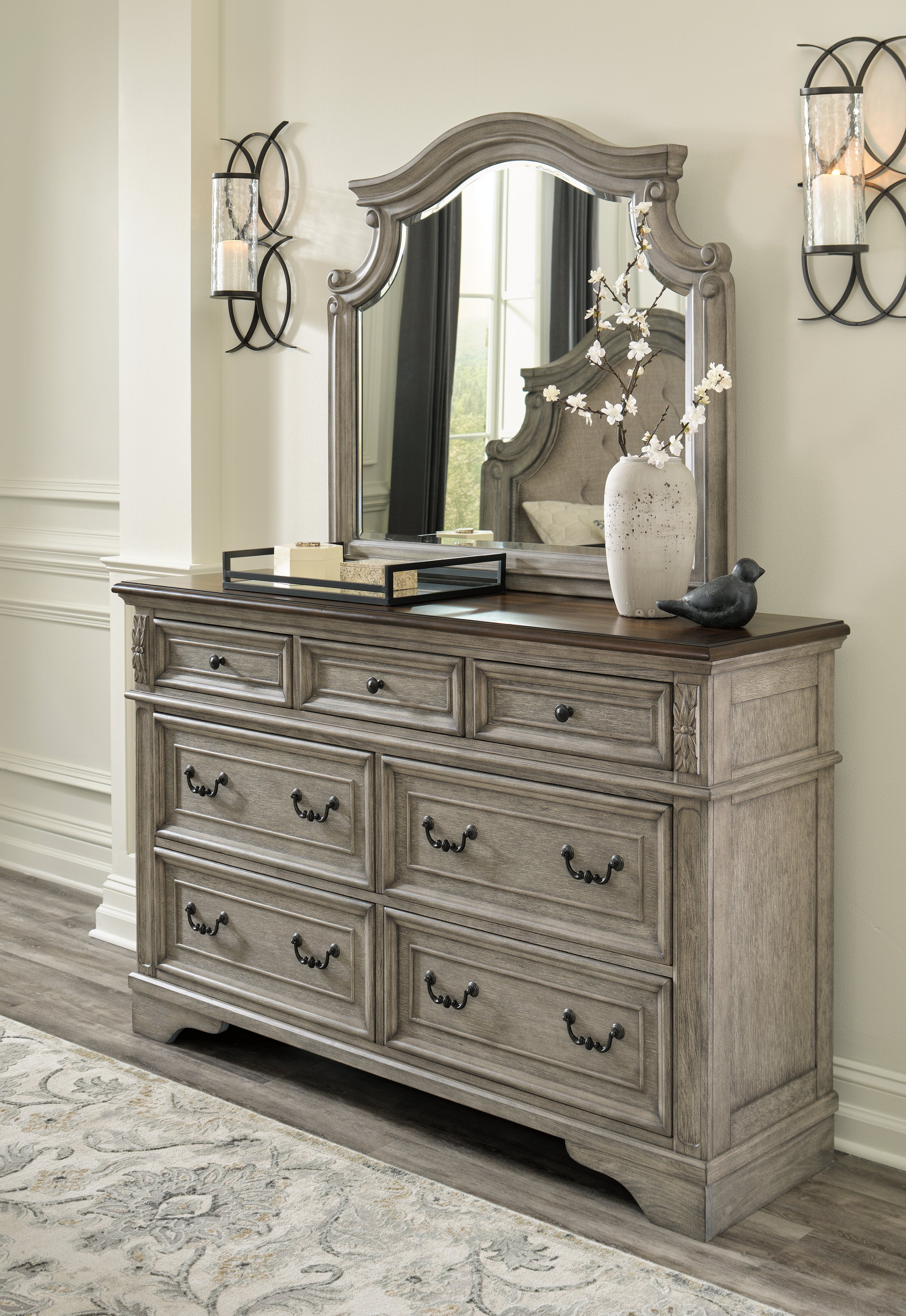 Prime Furniture - Ashley Furniture - Lodenbay Bedroom - Dresser and Mirror / Antique Gray/Brown - B751B1