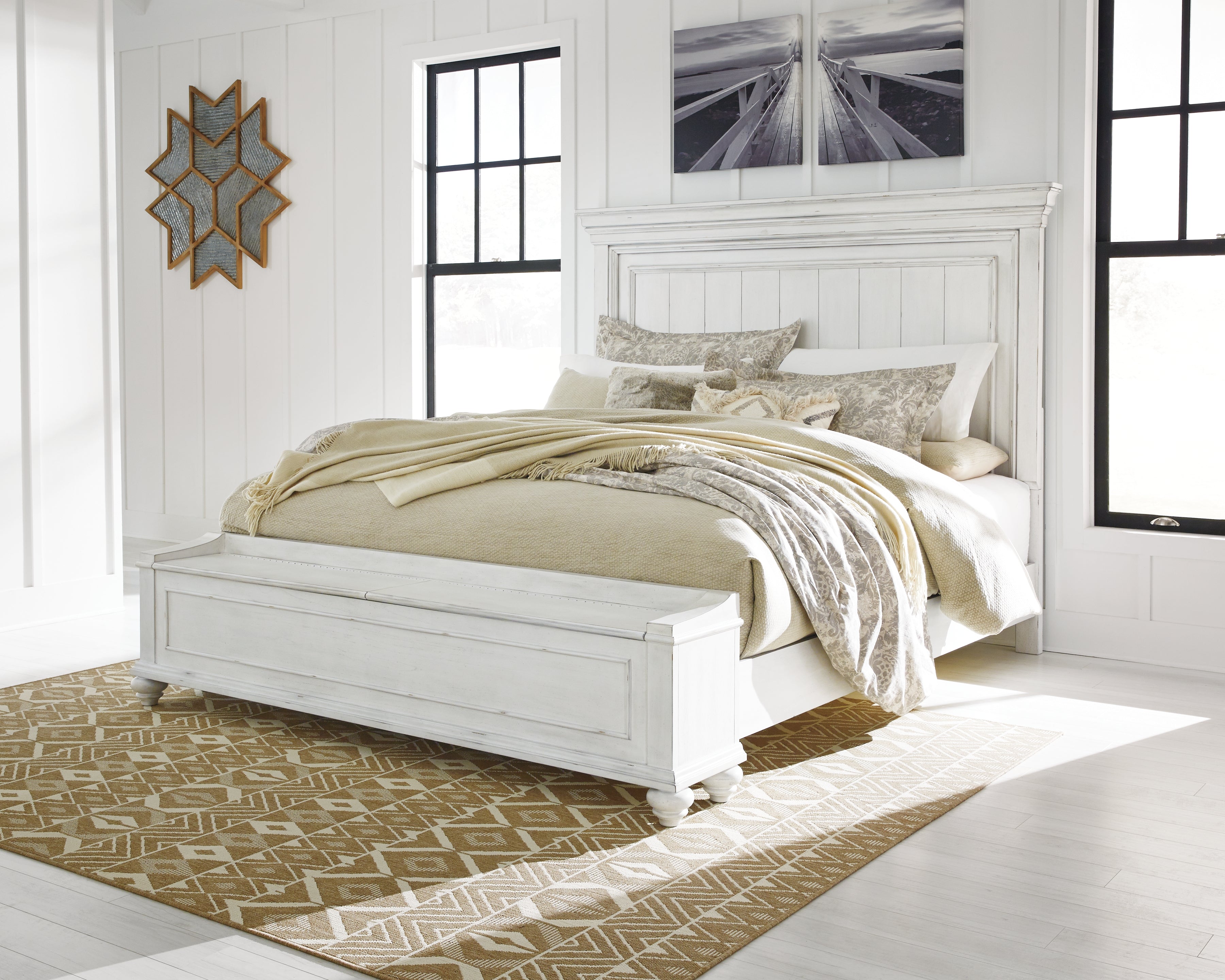 Prime Furniture - Ashley Furniture - Kanwyn Bedroom - King Panel Bed with Storage Bench / Whitewash - B777B9