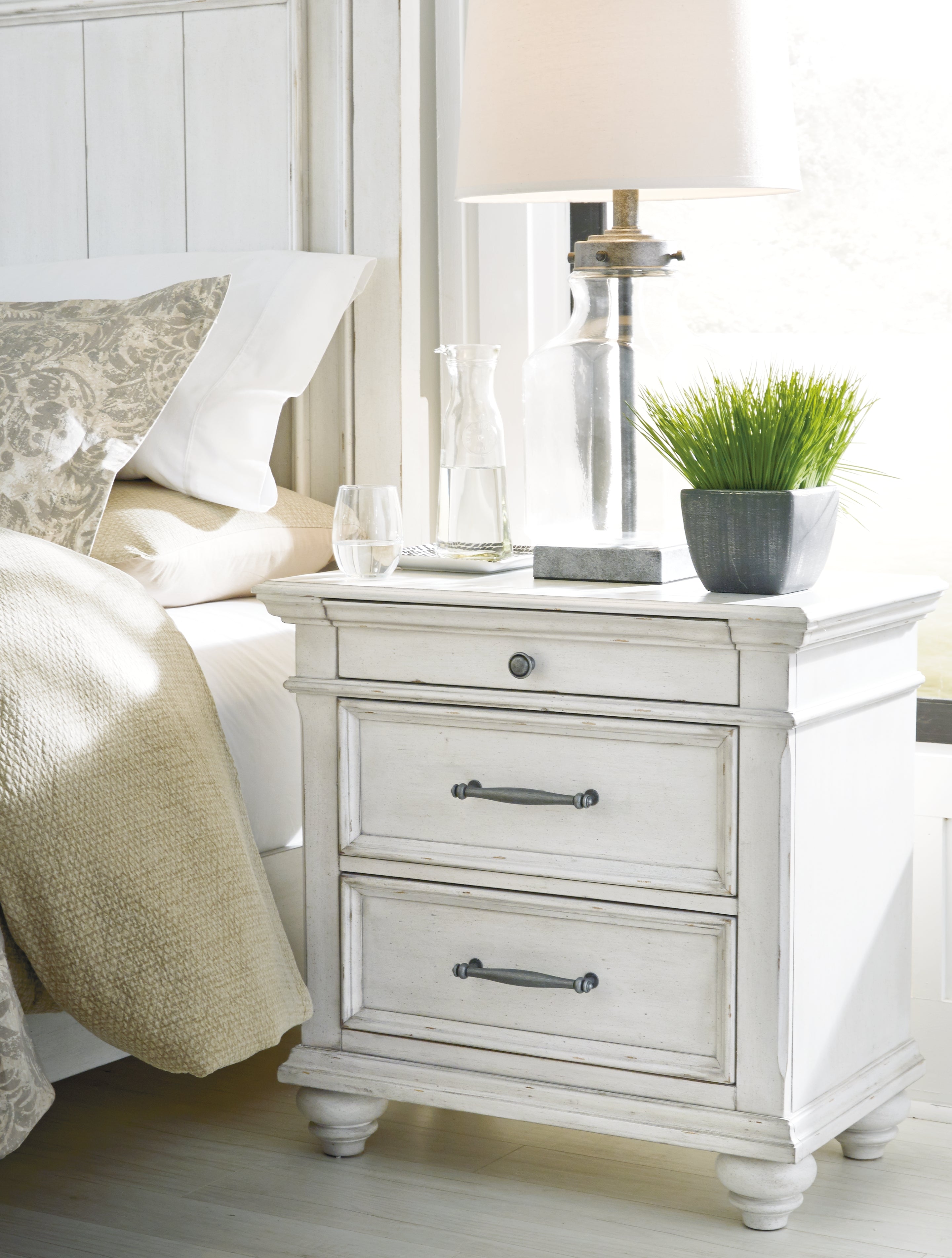 Prime Furniture - Ashley Furniture - Kanwyn Bedroom - Three Drawer Night Stand / Whitewash - B777-93