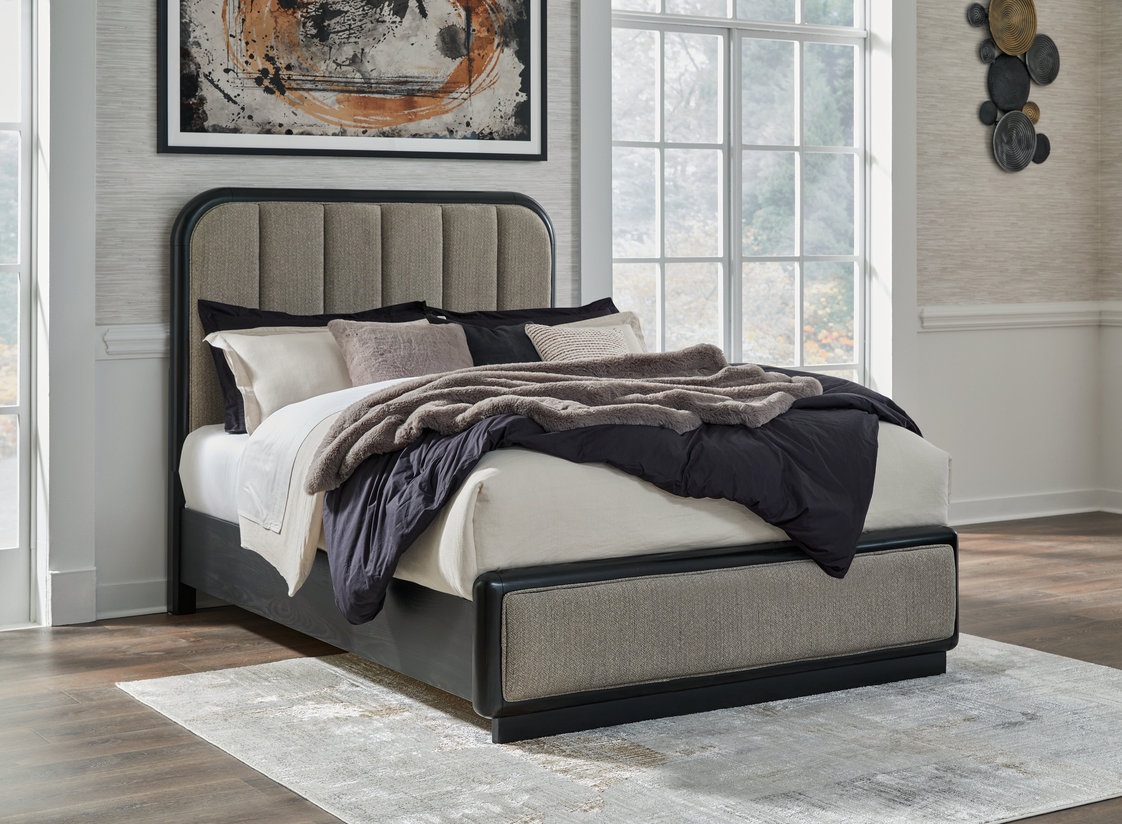 Prime Furniture - Ashley Furniture - Rowanbeck Bedroom - Queen Upholstered Panel Bed / Gray/Black - B821B2